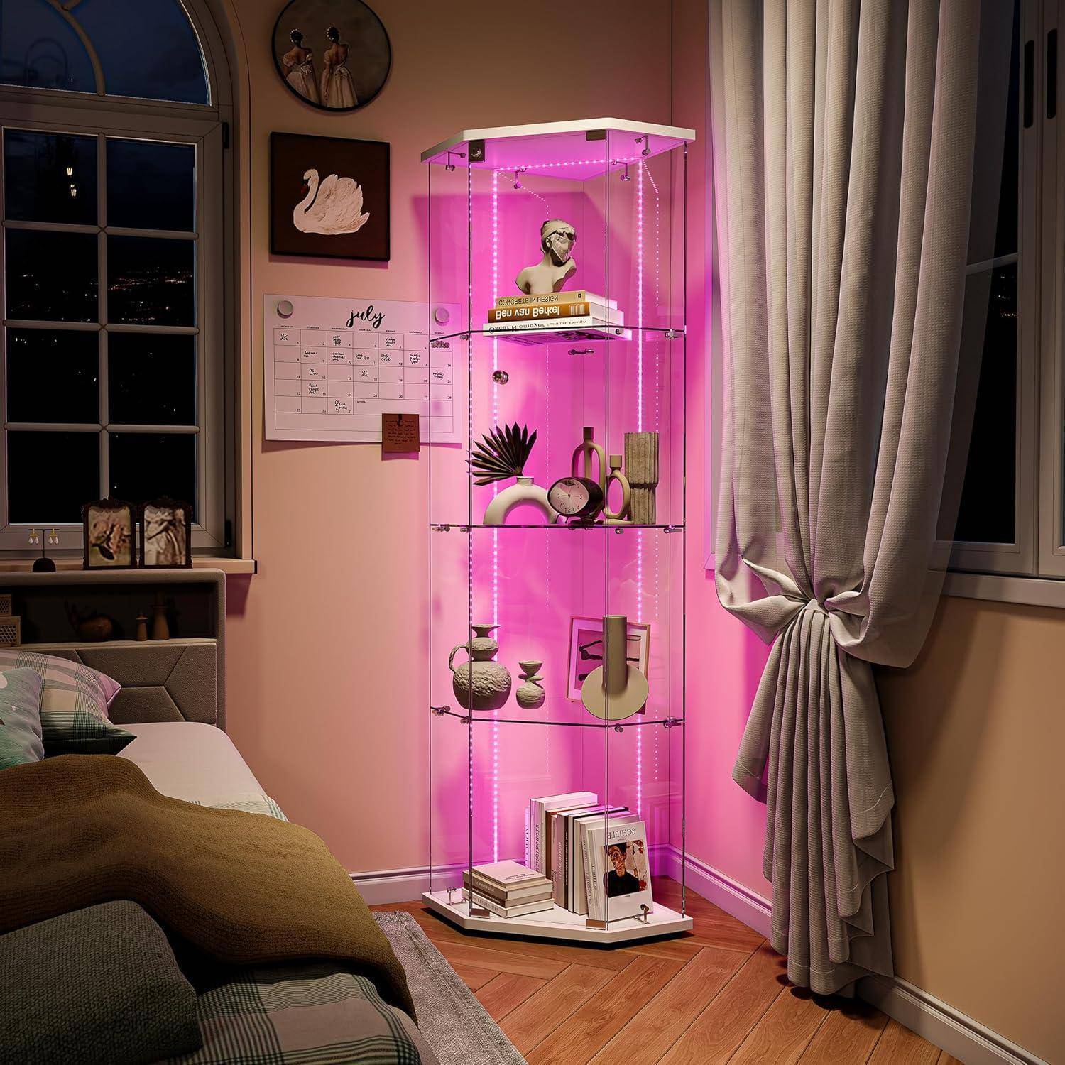 Glasvitrine Standvitrine mit Led,Glasvitrine Stehend,4 Lagen Glas Holz Glas Vitrine Vitrinenschrank 1 TüR und Schloss Vitrine Glasschrank Display