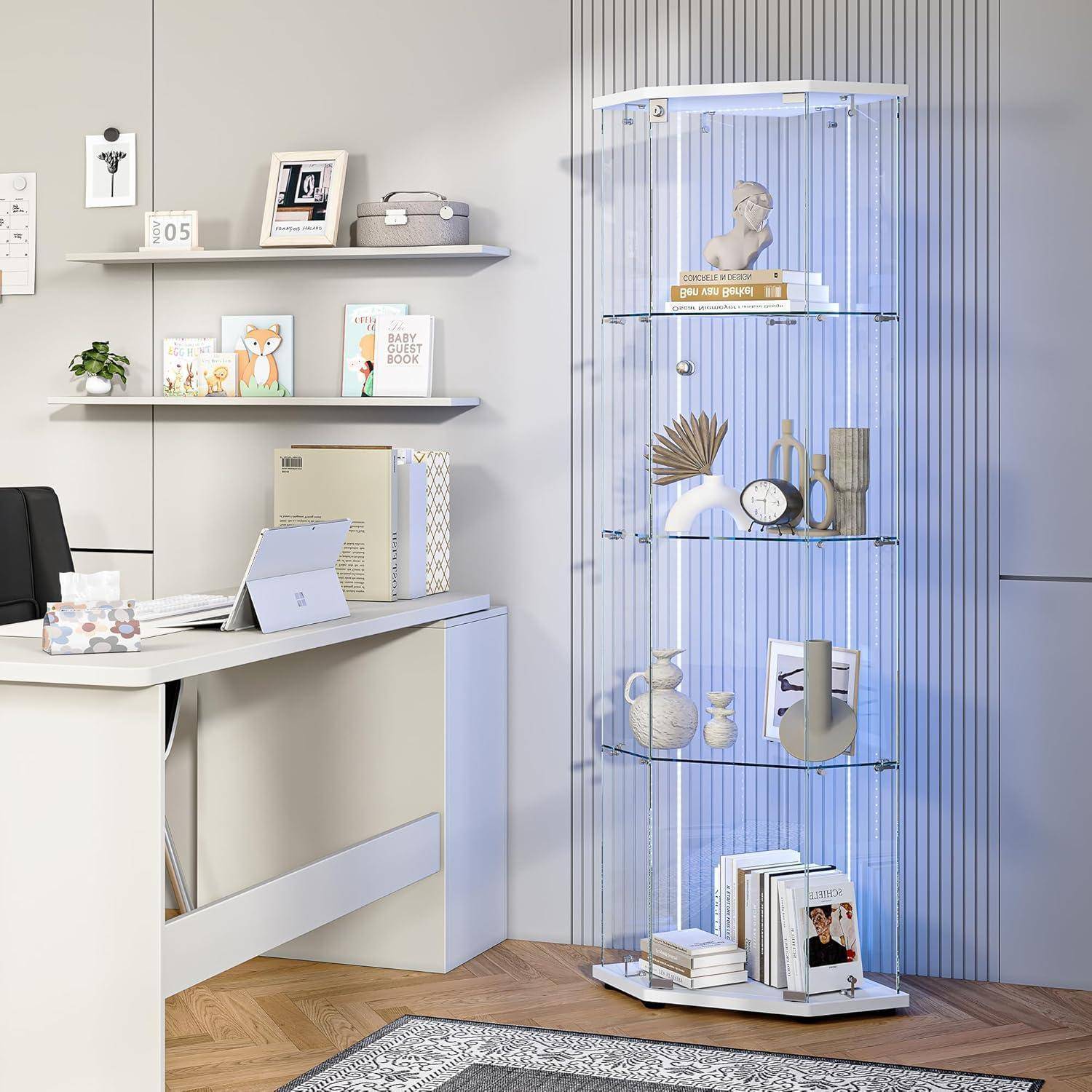 Glasvitrine Standvitrine mit Led,Glasvitrine Stehend,4 Lagen Glas Holz Glas Vitrine Vitrinenschrank 1 TüR und Schloss Vitrine Glasschrank Display