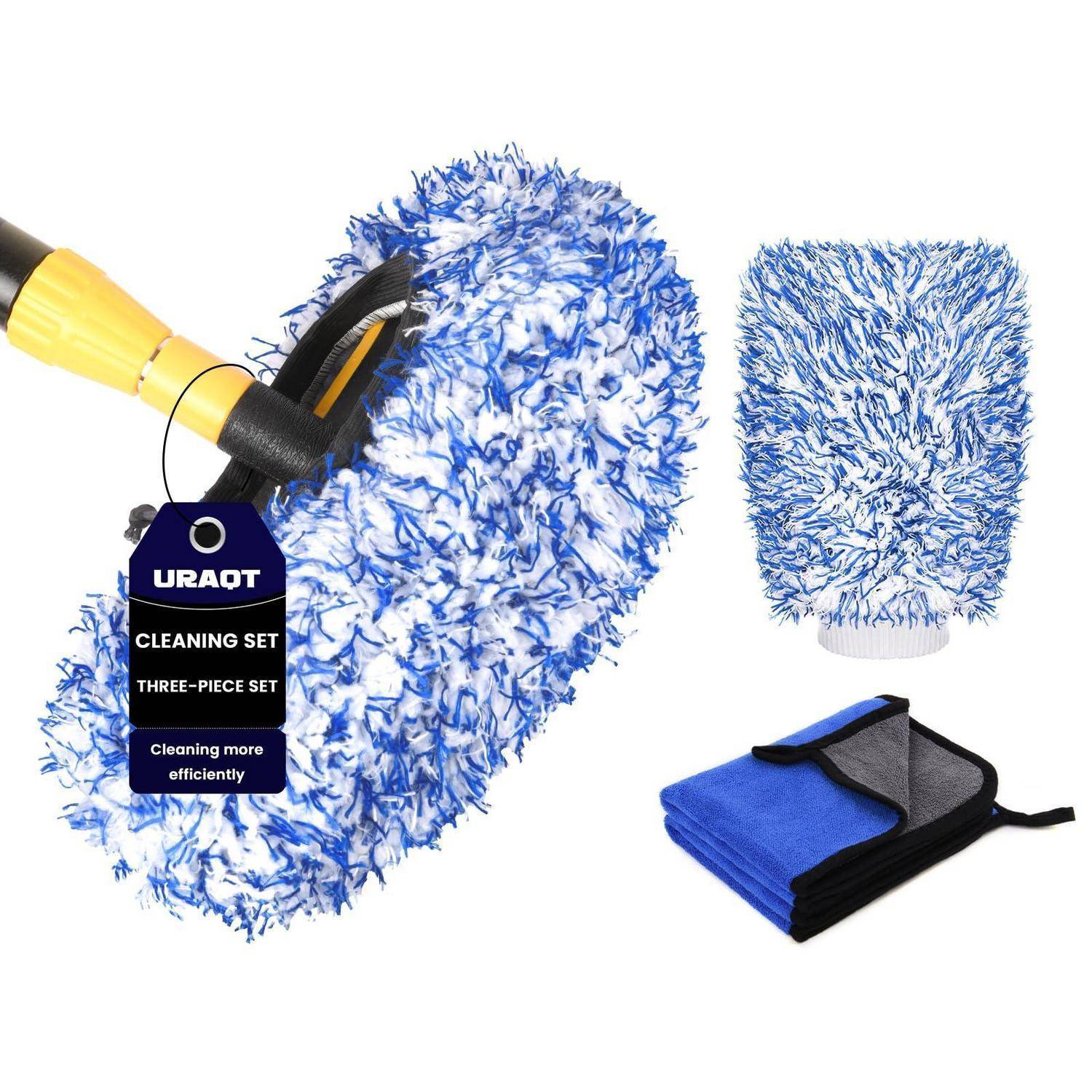 Mikrofaser-Reinigungsset mit blauem Chenille-Handschuh, gelb gestieltem Werkzeug, Ersatzkopf und gefaltetem blauem Tuch mit der Aufschrift „URAQT Cleaning Set