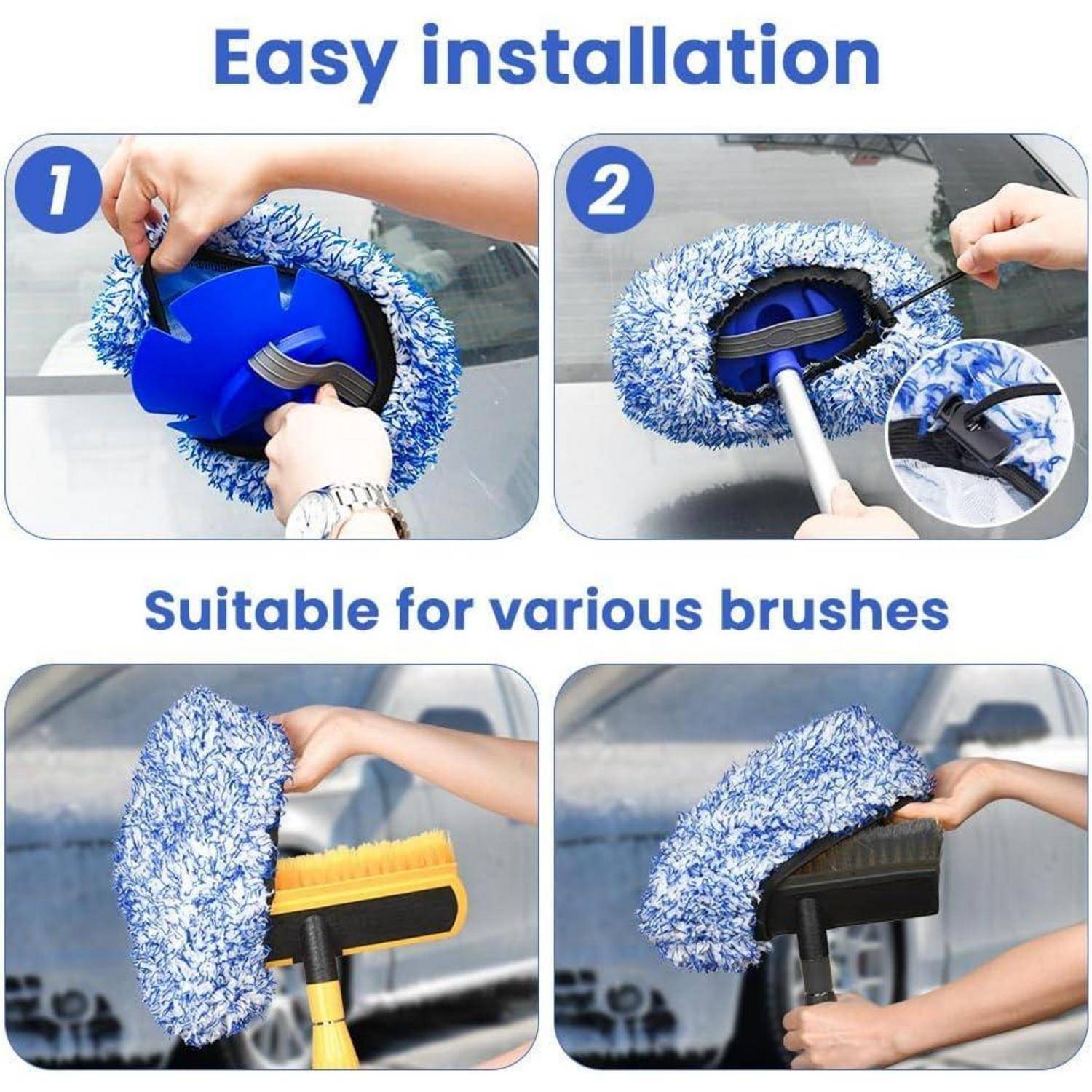 Das Diagramm zeigt die einfache Installation eines blauen Mikrofaser-Autowäsch-Handschuhs auf einem Bürstenkopf, mit Beispielen der Verwendung auf verschiedenen Bürstentypen.