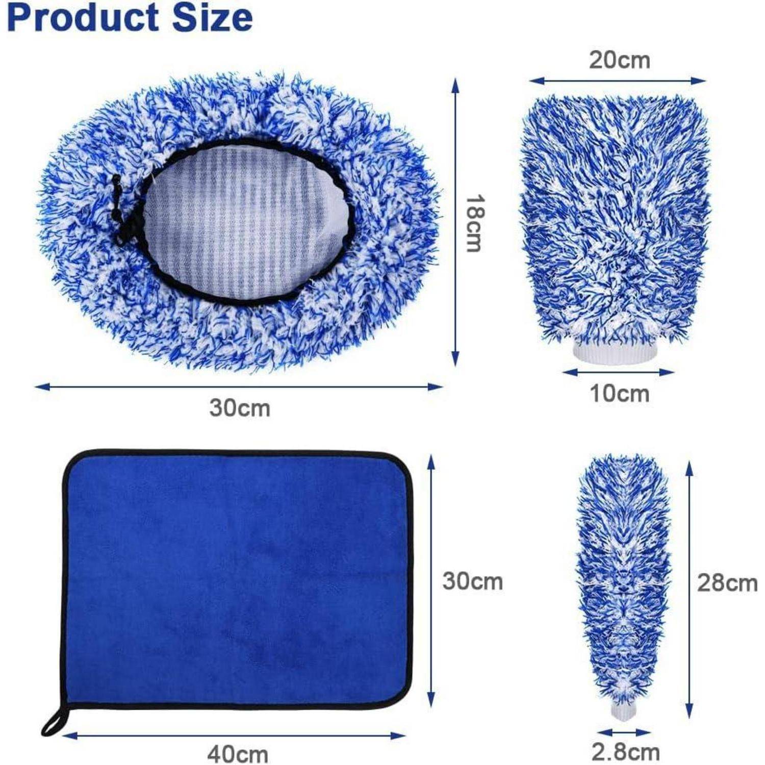 Produktgrößendiagramm mit einem blauen flauschigen Bezug und passenden Stoffteilen mit den Maßen: 30 x 18 cm, 20 x 10 cm, 40 x 30 cm und 2,8 x 28 cm.