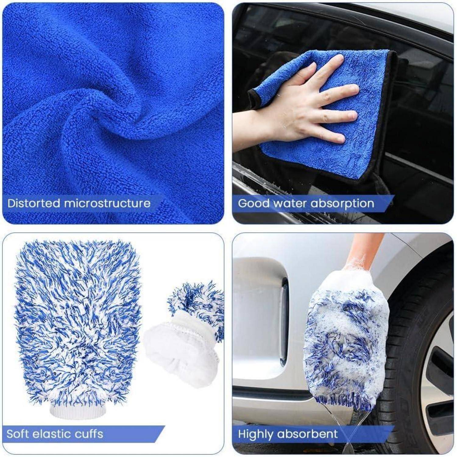 Vierteiliges Produktbild eines blauen Microfaser-Reinigungstuchs, das verzerrte Mikrostruktur, gute Wasseresorption, weiche elastische Manschetten und die Verwendung auf einem Autofenster und einer Felge zeigt.