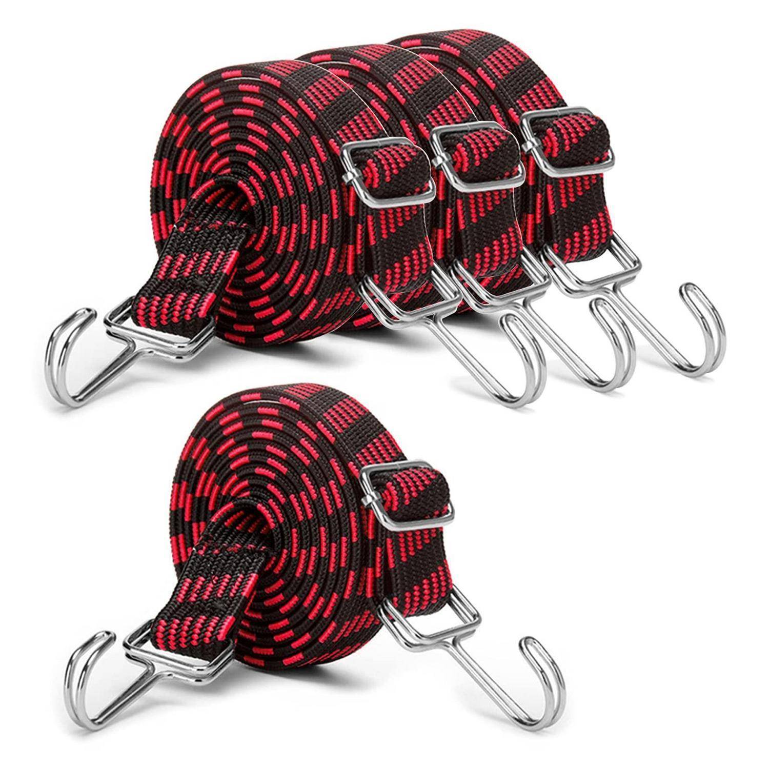 Zwei aufgerollte rot-schwarze Bungee-Seile mit silbernen Metallhaken auf weißem Hintergrund.