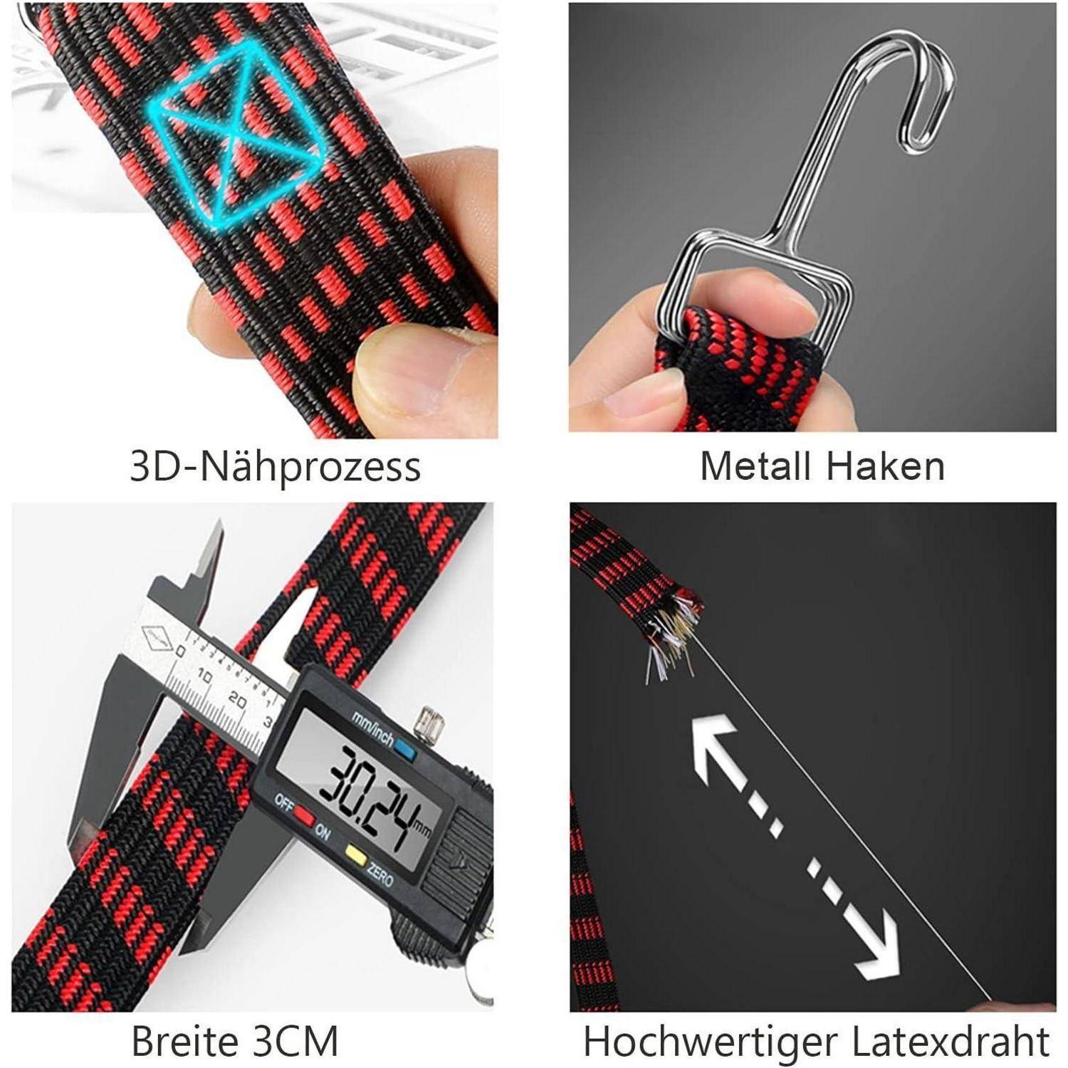 verstellbar Spanngummi mit Haken, 4er-Set 2M lang flach Spanngurt mit Metallhaken, extra stark breit Gummiseile, Gepäckspanner, Gummizug