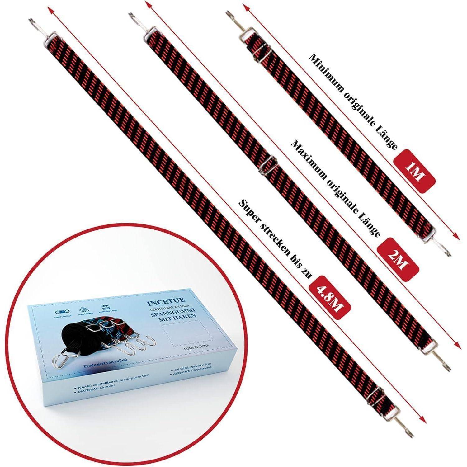 verstellbar Spanngummi mit Haken, 4er-Set 2M lang flach Spanngurt mit Metallhaken, extra stark breit Gummiseile, Gepäckspanner, Gummizug