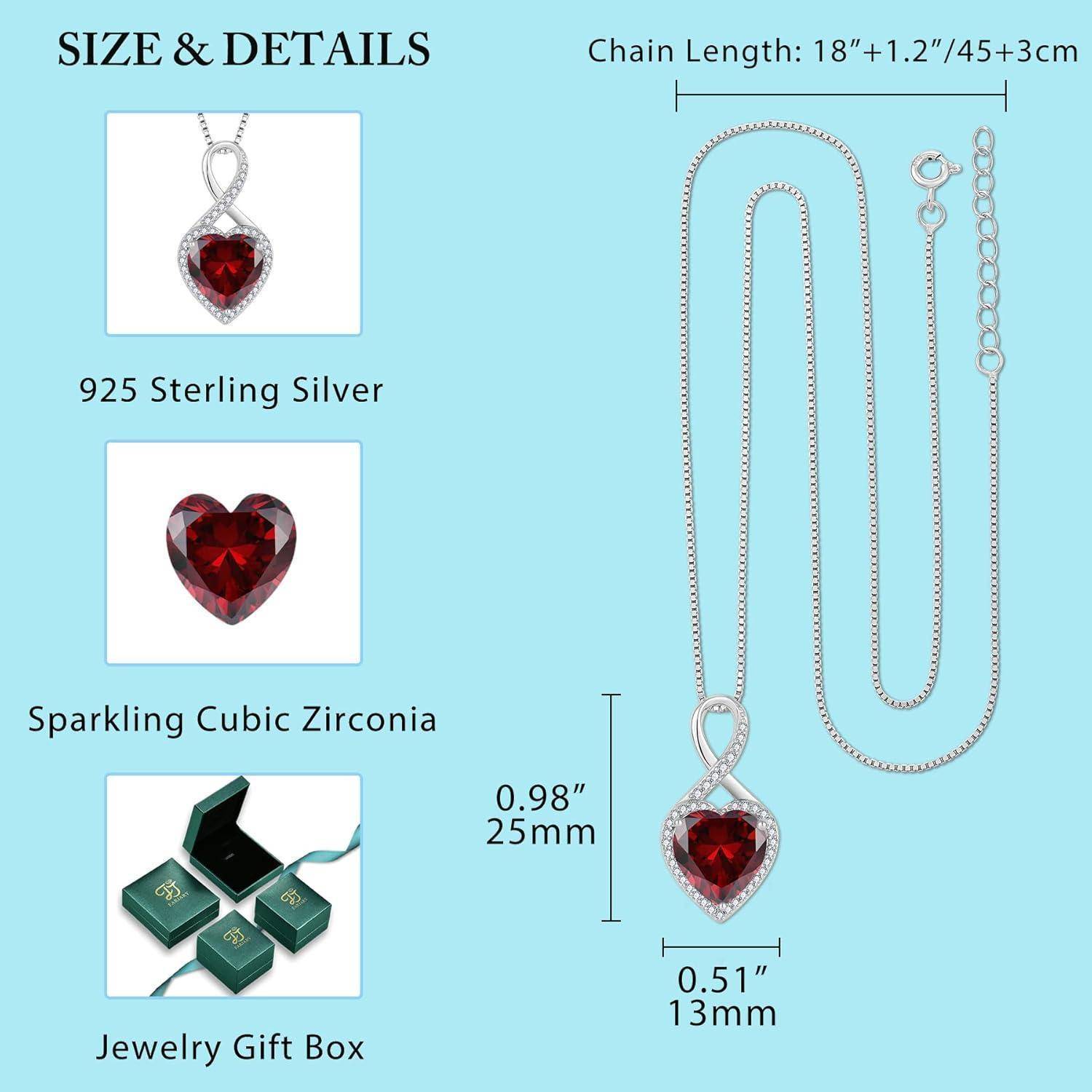 Produktgröße-und-Details-Grafik für eine 925er Sterlingsilber-Herz-Anhängerkette mit rotem kubischem Zirkonia, 45+3 cm Kette mit 18