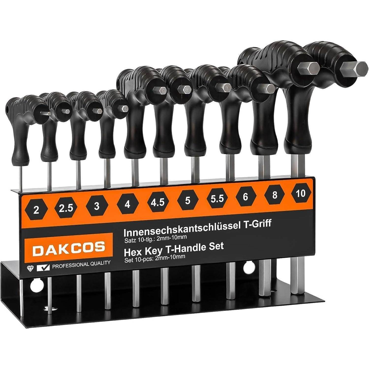 DAKCOS 10 tlg Sechskantschlüssel Set mit T-Griff Innensechskant-Stiftschlüssel Sechskantschraubendreher mit Quergriffen | Metrisch 2mm-10mm | Cr-V