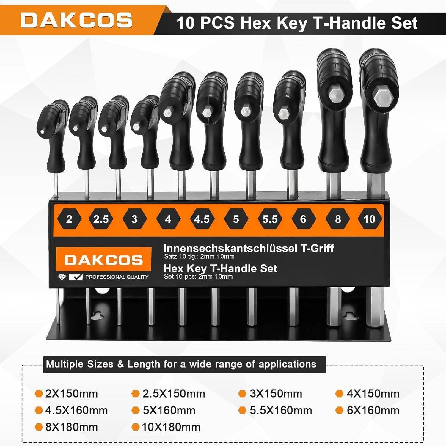 DAKCOS 10 tlg Sechskantschlüssel Set mit T-Griff Innensechskant-Stiftschlüssel Sechskantschraubendreher mit Quergriffen | Metrisch 2mm-10mm | Cr-V