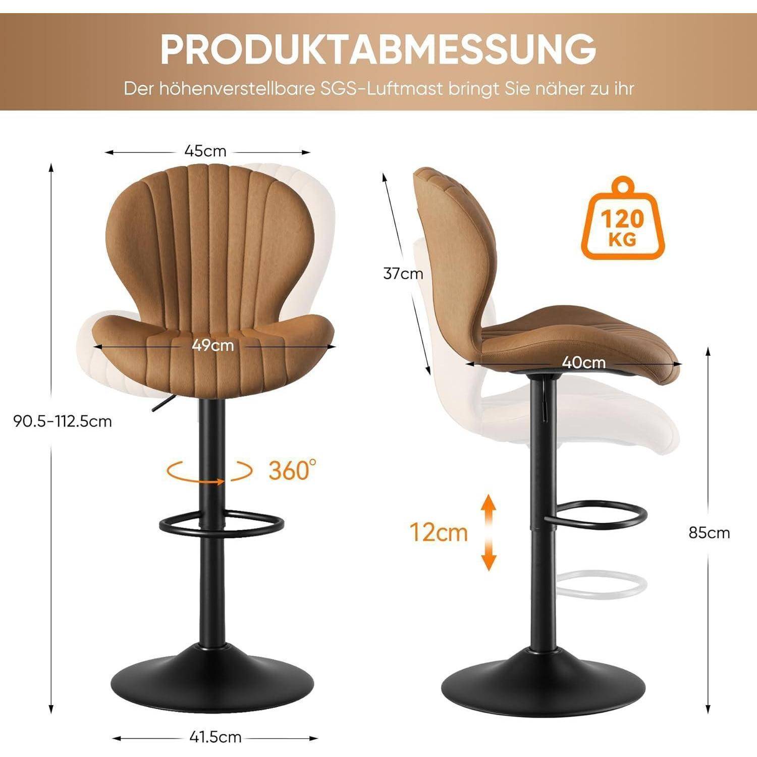 Verstellbarer drehbarer Barhocker mit brauner gepolsterter Rückenlehne, schwarzem Sockelfuß, 120 kg Tragfähigkeit und gekennzeichneten Abmessungen.