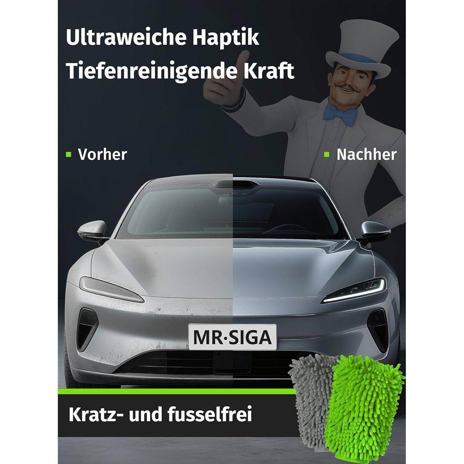 MR.SIGA Hochwertig Mikrofaser Waschhandschuh Weiche Chenille Autowaschhandschuh, 2 Stück, Grau &amp; Grün, 2er Pack