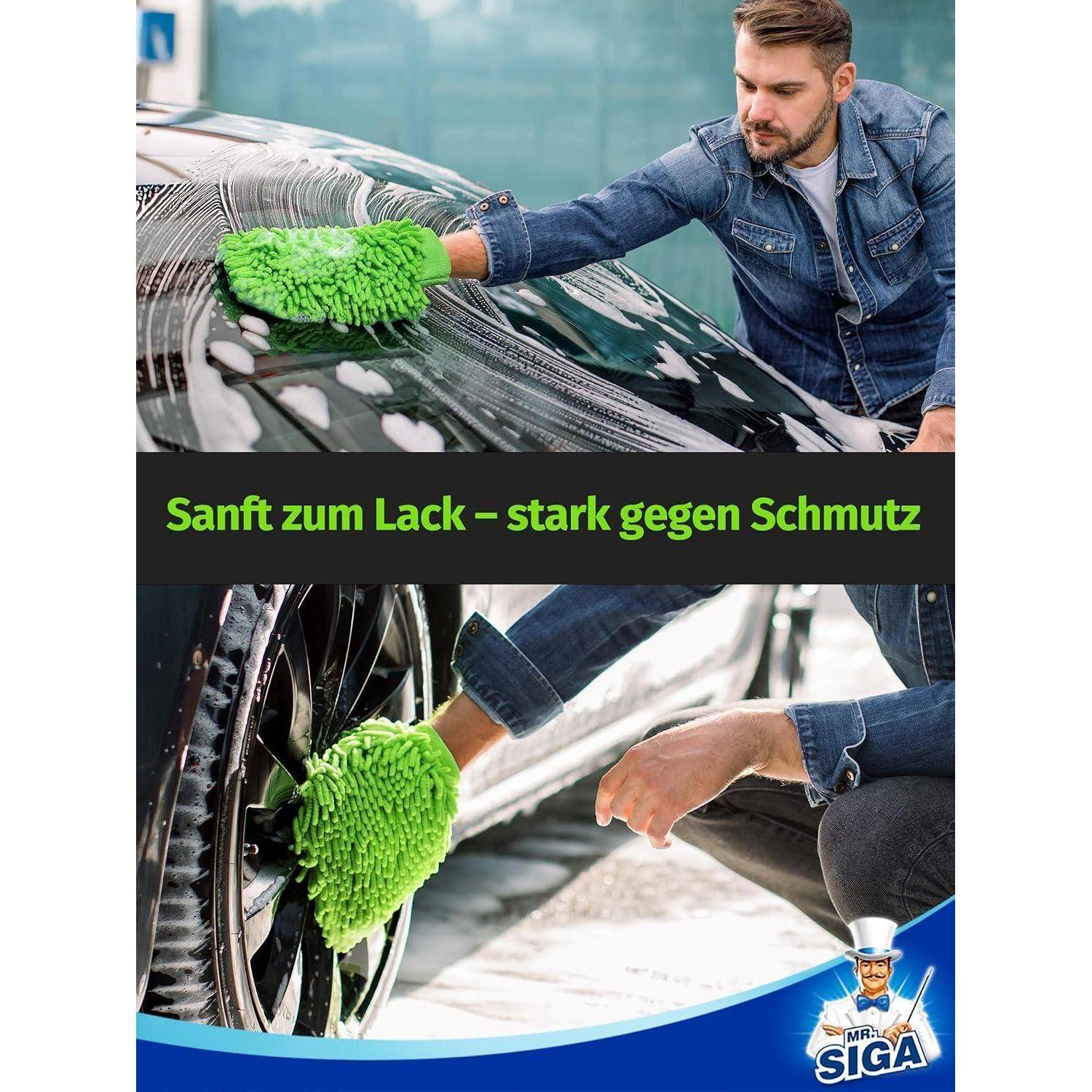 MR.SIGA Hochwertig Mikrofaser Waschhandschuh Weiche Chenille Autowaschhandschuh, 2 Stück, Grau &amp; Grün, 2er Pack