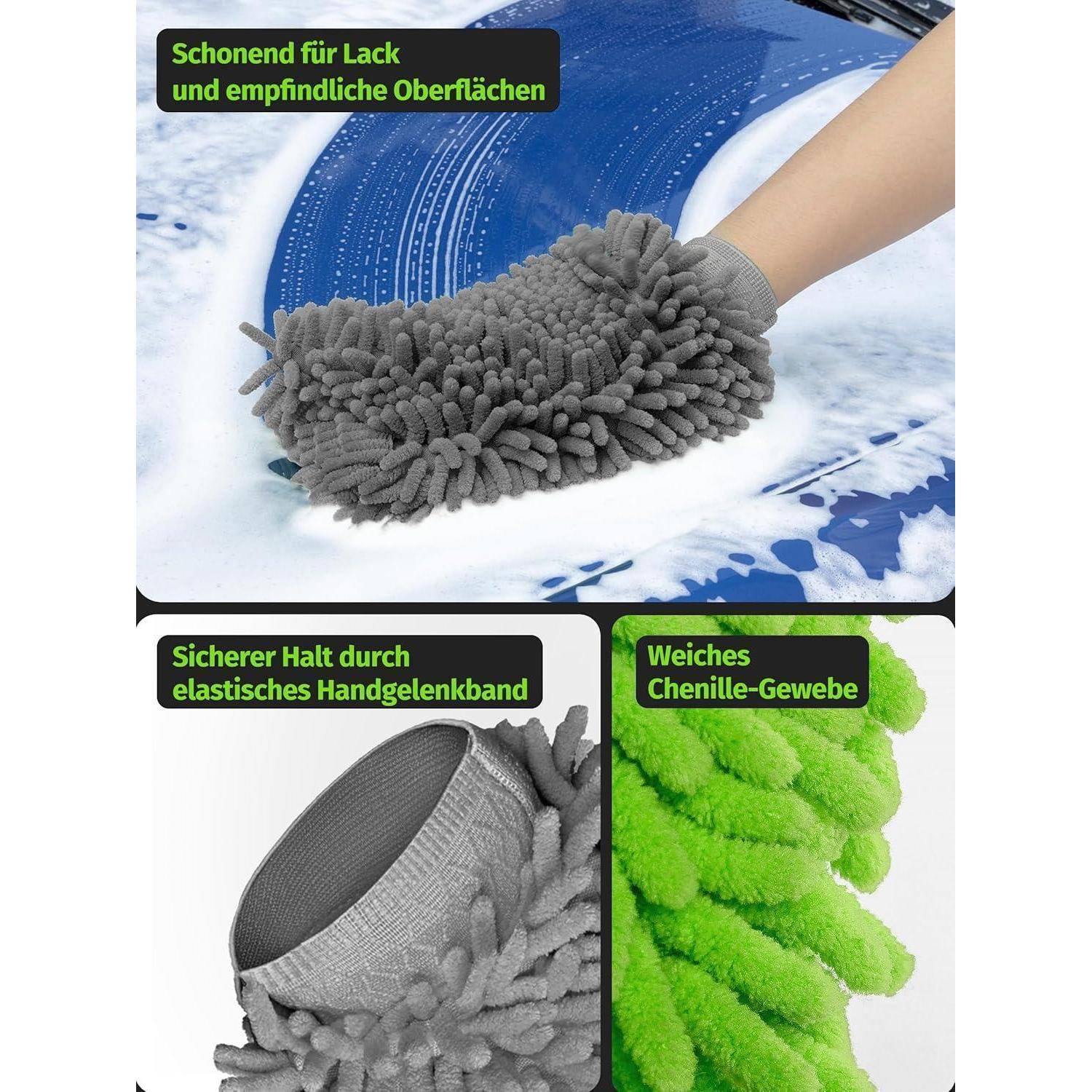 MR.SIGA Hochwertig Mikrofaser Waschhandschuh Weiche Chenille Autowaschhandschuh, 2 Stück, Grau &amp; Grün, 2er Pack
