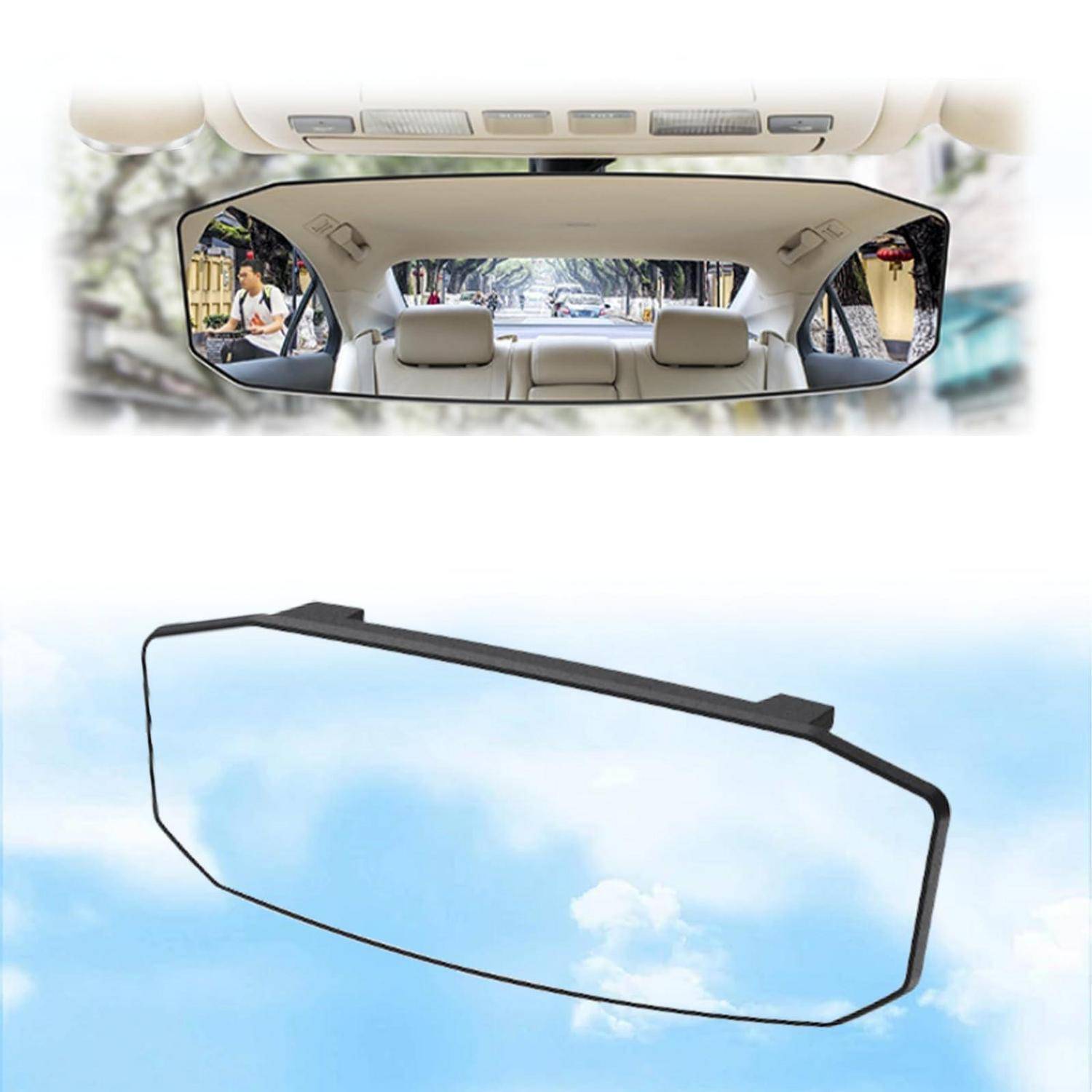Breiter Panorama-Rückspiegel für Autos, der einen erweiterten Blick auf die Straße und die seitliche Umgebung bietet für bessere Sichtbarkeit nach hinten.