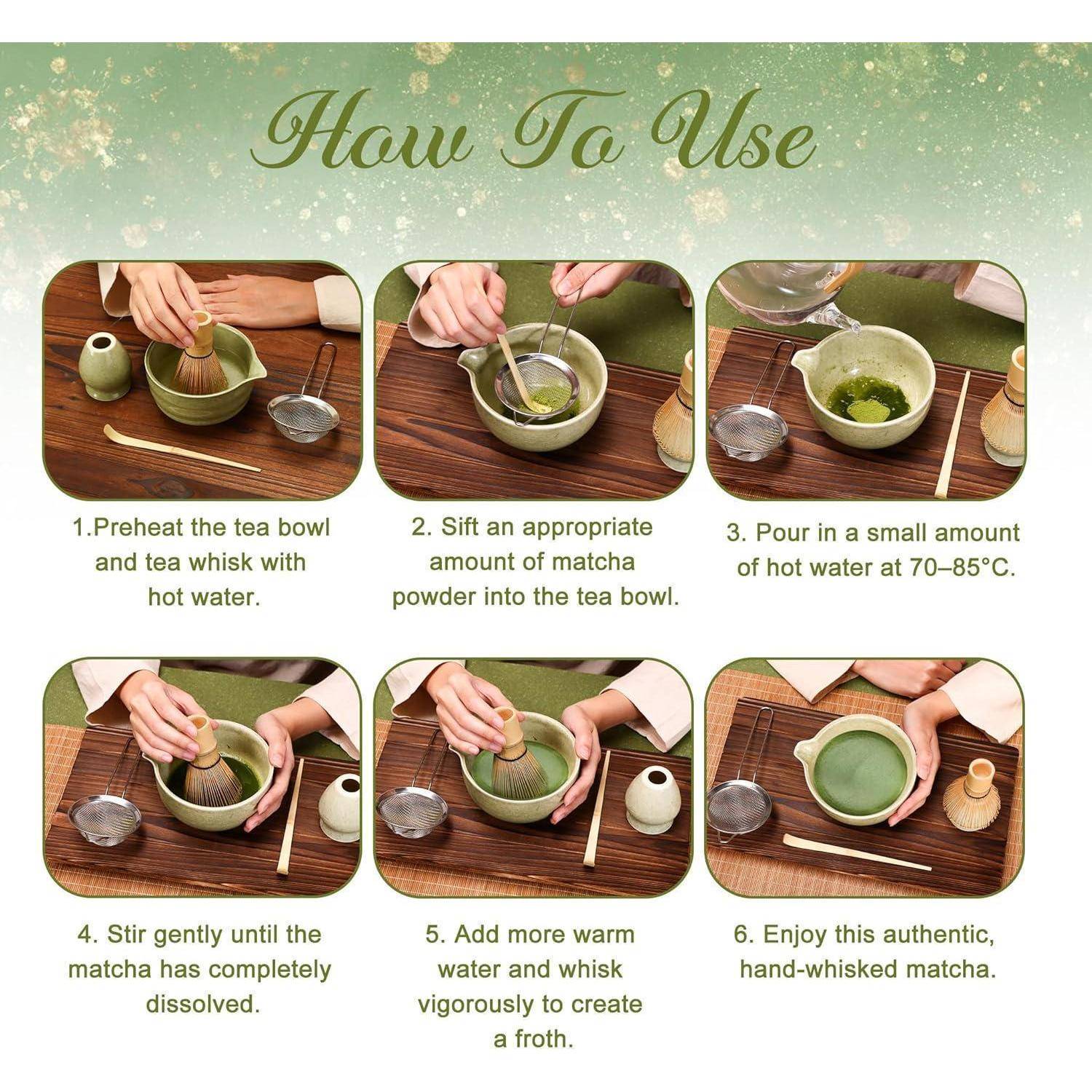 Sechsstufige Infografik zur Zubereitung von Matcha: Schale und Schneebesen vorwärmen, Pulver hinzufügen, 70–85°C heißes Wasser gießen, umrühren, zu Schaum aufschlagen, dann genießen.