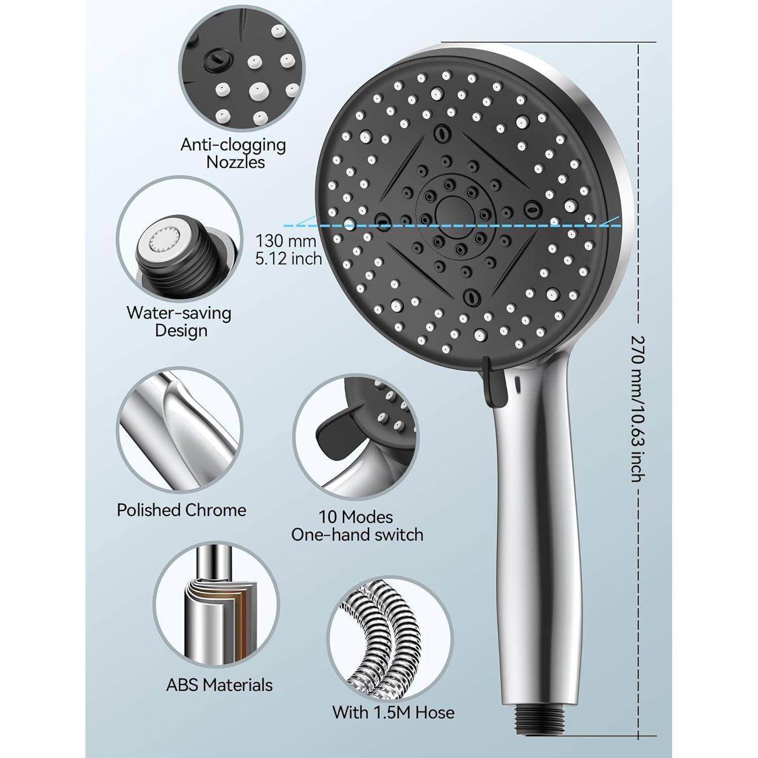 VOXON Duschkopf mit Schlauch 1,5M, Shower Head mit 10 Strahlarten, Handbrause Duschbrause Hoher Wasserdruck Starker Strahl für Reinigung von