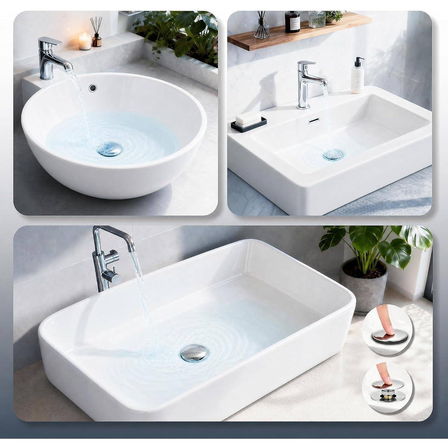 Collage aus drei modernen weißen Badezimmerbecken: ein rundes Aufsatzwaschbecken, ein quadratisches Becken und ein rechteckiges Waschtischbecken mit Chromarmaturen.