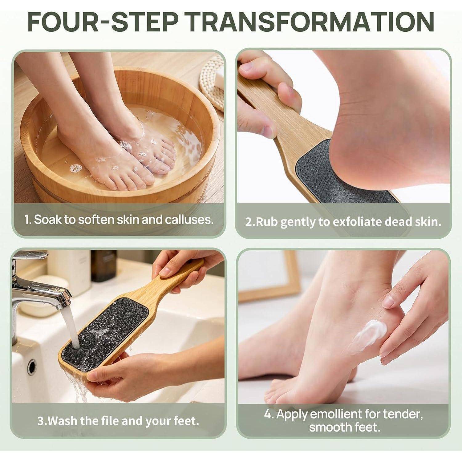 Vierschrittiger Fußpflegeguide zeigt Füße einweichen, mit einer Fußfeile peeling, die Feile und Füße waschen, dann Creme auftragen für glatte, zarte Füße.