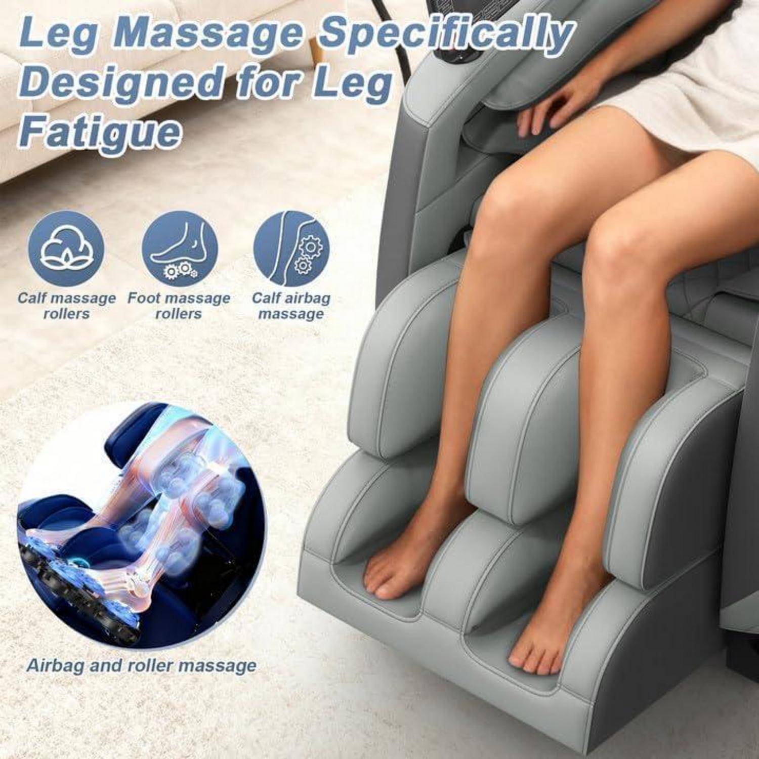 Werbebild eines Beinmassagesessels mit den unteren Beinen einer Person in Fuß- und Wadenmassagefächern, mit Text, der Walzenroller für die Waden, Fußwalzen und Luftkissenmassage zur Linderung von Beinermüdung hervorhebt.