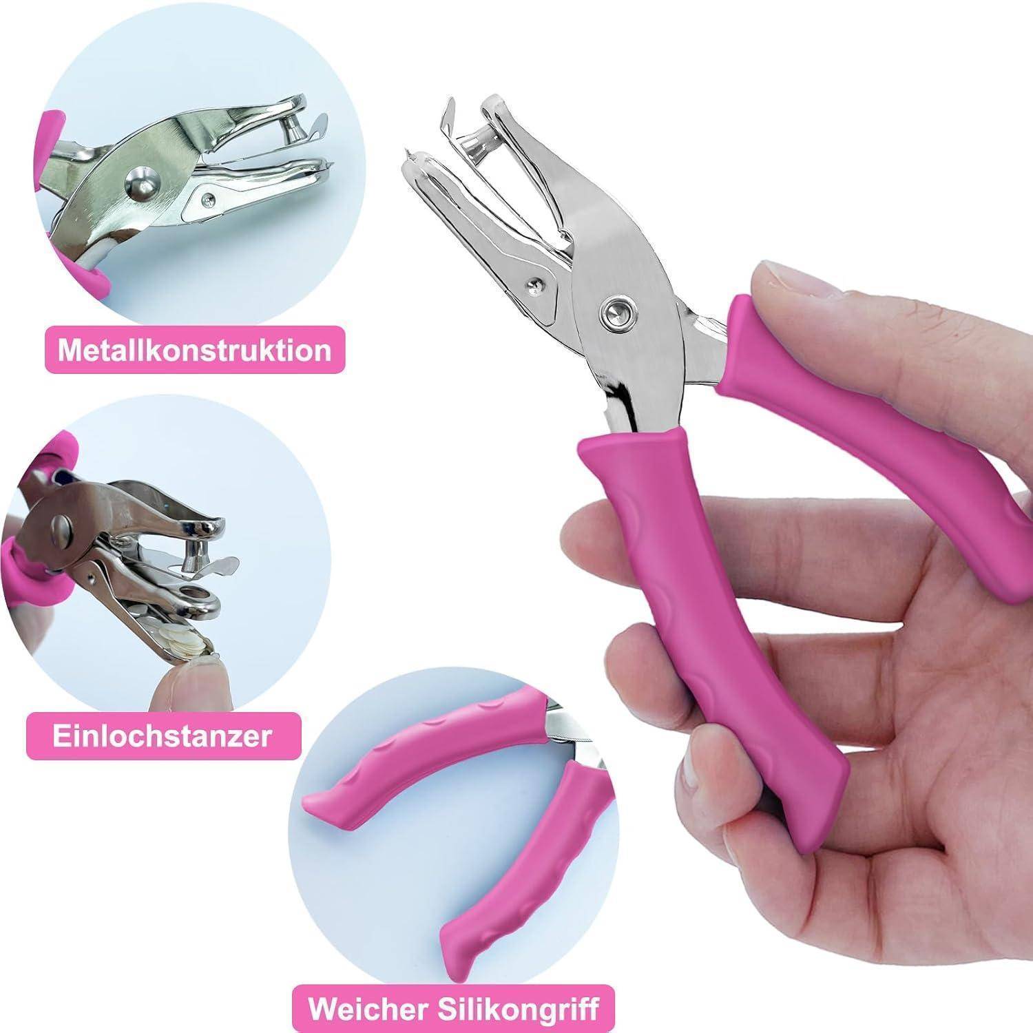 Hand hält rosa Metallzange mit Silikongriffe; eingefügte Nahaufnahmen zeigen Metallkonstruktion, Einzellochstanzer und weiches Silikongriffstück.