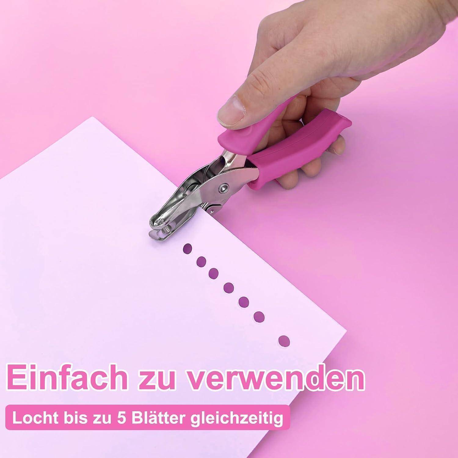 Hand uses a pink hole punch to punch holes in paper; German text reads 'Easy to use' and 'Punches up to 5 sheets at a time'.