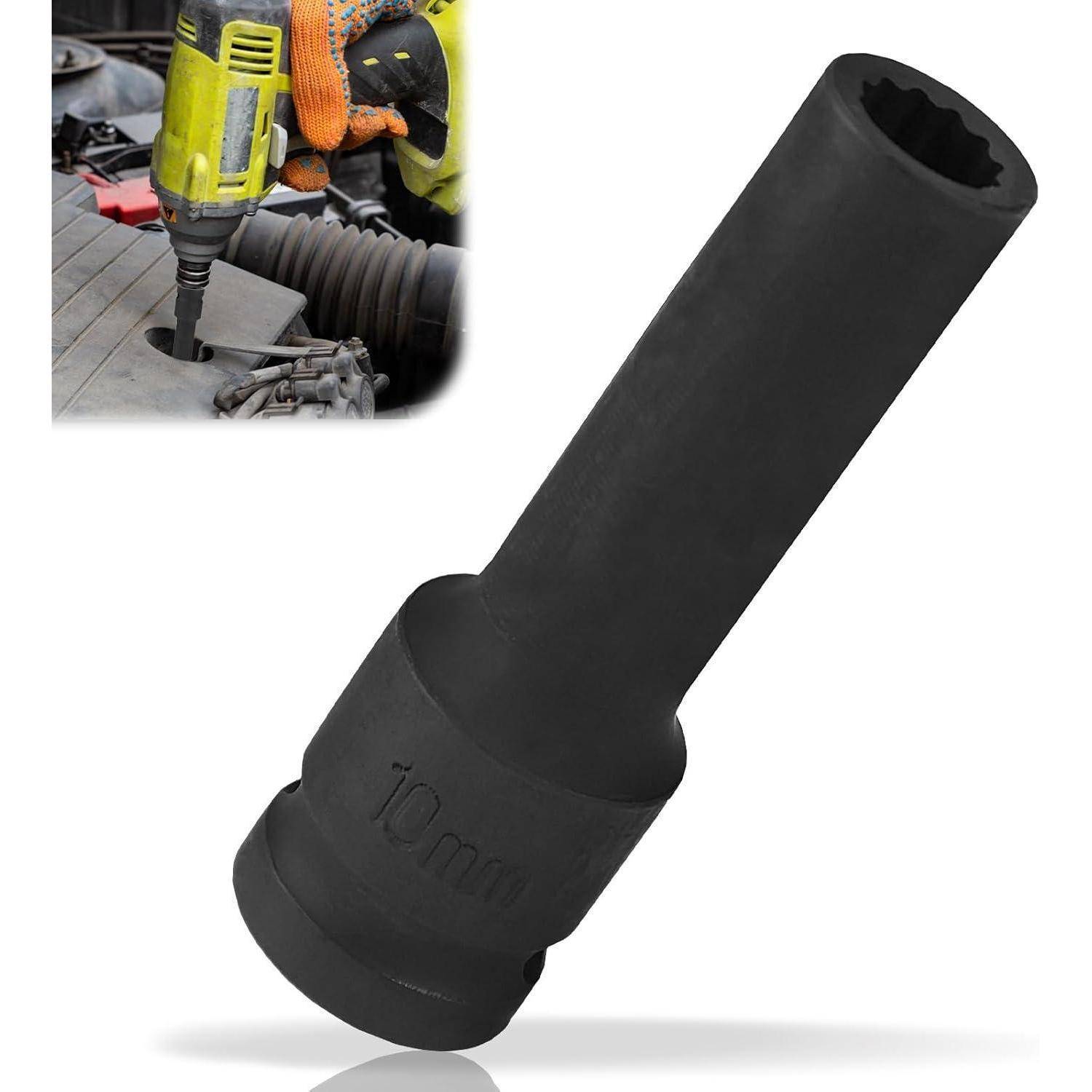 Schwarze 10-mm-Tiefschlagkappe, gezeigt mit Vergrößerung einer Bohrmaschine, die diese zum Entfernen einer Schraube an einem Fahrzeugmotor verwendet.