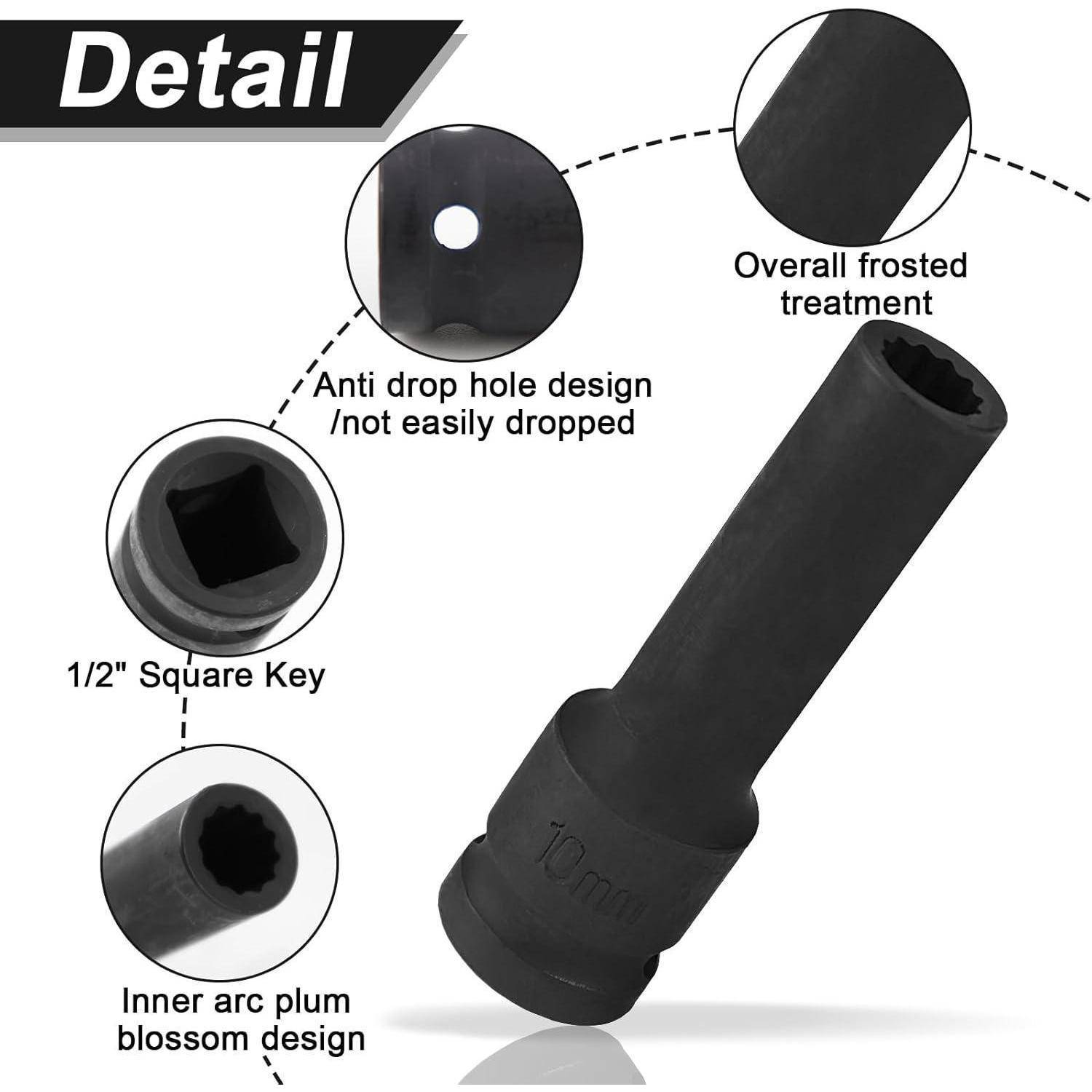 Kommentiertes Produktbild einer schwarzen 1/2-Zoll-Vierkantbelingschlüsseleinsatz mit mattiertem Finish, Anti-Rutsch-Loch und innerem Pflaumenblüten-Design.