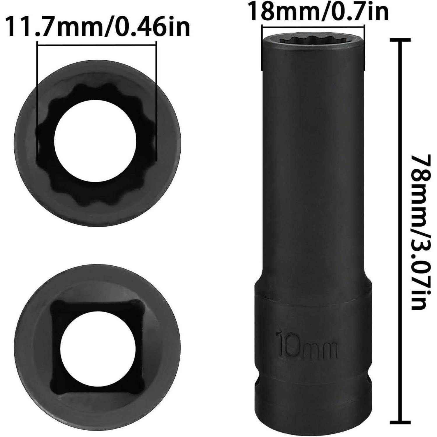 Schwarzer Steckdosenadapter dargestellt in zwei Endansichten und einer Seitenansicht, gekennzeichnet mit 11,7 mm, 18 mm und 78 mm mit einer 10-mm-Markierung.