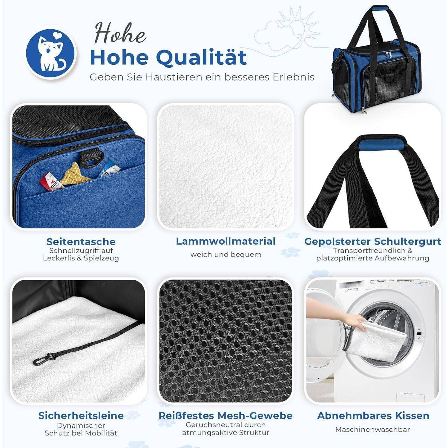 Deutsches Haustier-Transporttasche-Angebot mit einer blau-schwarzen Schultertasche mit gekennzeichneten Merkmalen: Seitentasche, Lammwollauskleidung, gepolsterter Schultergurt, Sicherheitsleine, reißfestes Netzgewebe und abnehmbares waschbares Kissen.