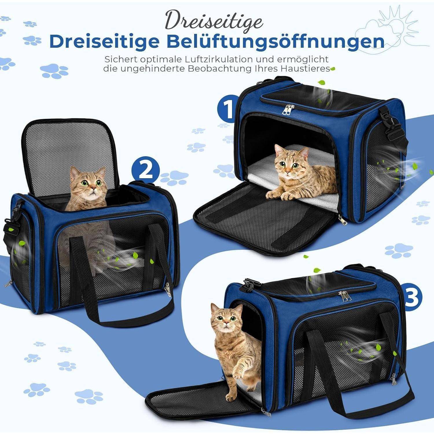 Deutsches Produktgrafik einer blauen Katzentransportbox mit drei Lüftungsöffnungen und der Katze innen, gekennzeichnet mit 1, 2 und 3.