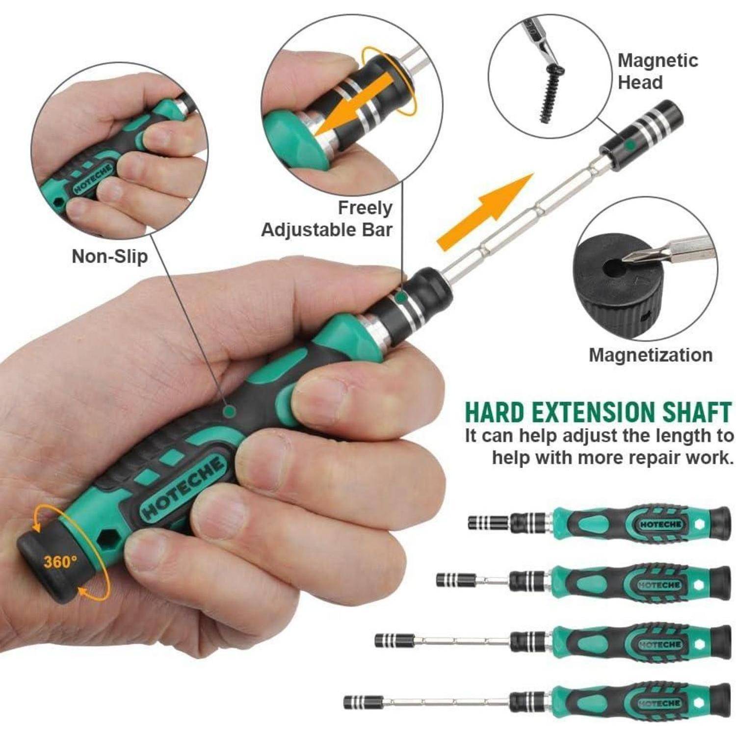 Hand hält einen Schraubendreher mit verstellbarem Verlängerungsschaft; Beschriftungen heben rutschfesten Griff, magnetischen Kopf, Magnetisierung und 360° flexibles Rohr zum Erreichen enger Räume hervor.