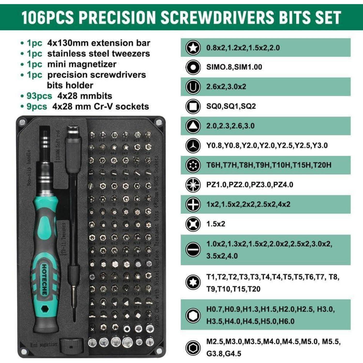 Produktbild eines 106-teiligen Präzisions-Schraubendreher-Bitsatzes mit Griff, Verlängerungsstange, Pinzette, Magnetisierer und sortierten Bits, aufgelistet nach Typ und Größe.