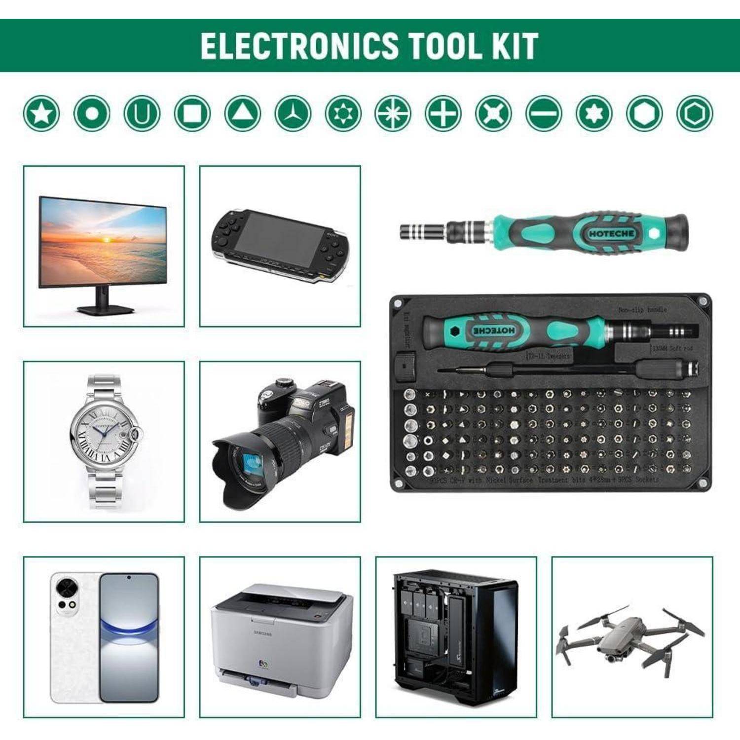Elektronik-Werkzeugkasten-Collage mit Geräten und Reparaturwerkzeugen: Monitor, tragbare Spielkonsole, Smartwatch, Kamera, Smartphone, Drucker, PC-Tower, Drohne und Schraubendreher-Bitset.
