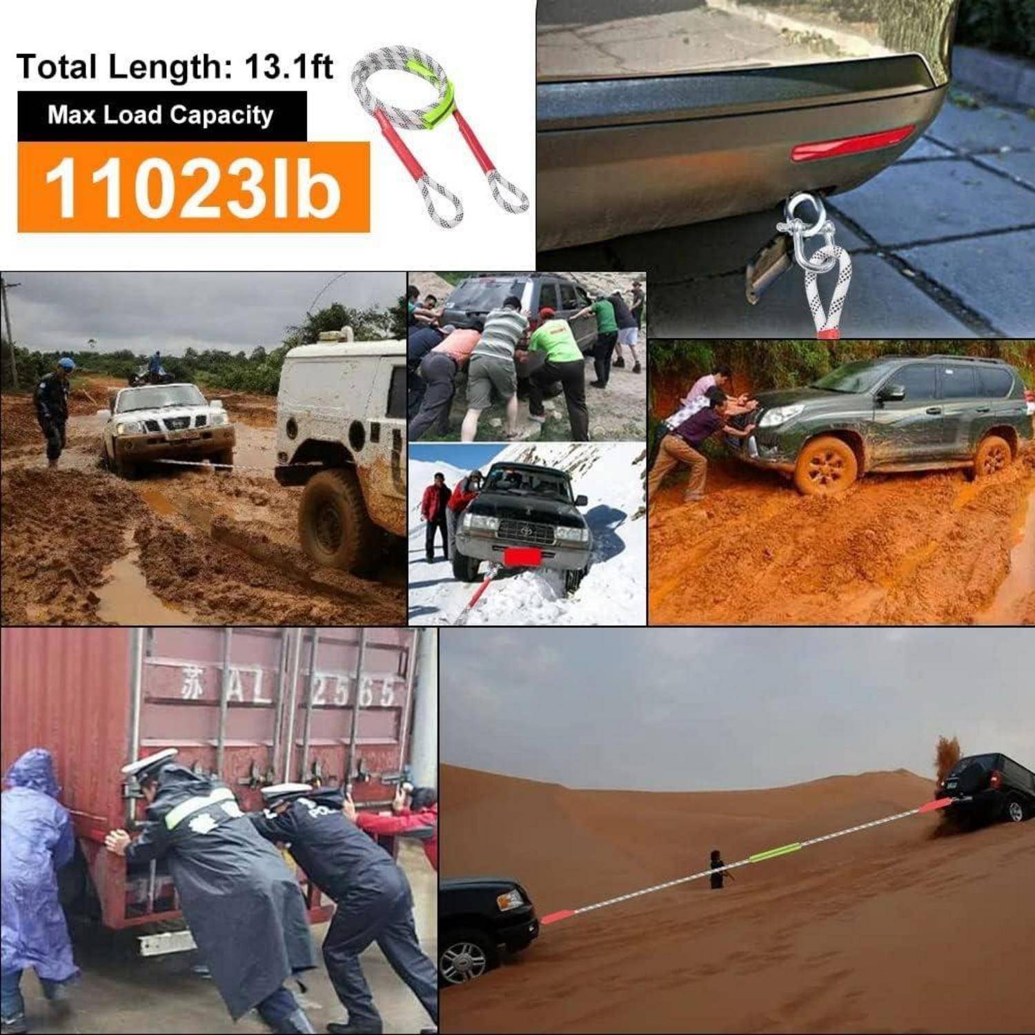 Collage mit Werbung für einen Abschleppgurt: 'Gesamtlänge 13,1 Fuß' und 'Maximale Tragfähigkeit 11023 Pfund', zeigt Abschleppen von steckengebliebenen Fahrzeugen in Schlamm, Schnee und Sand.