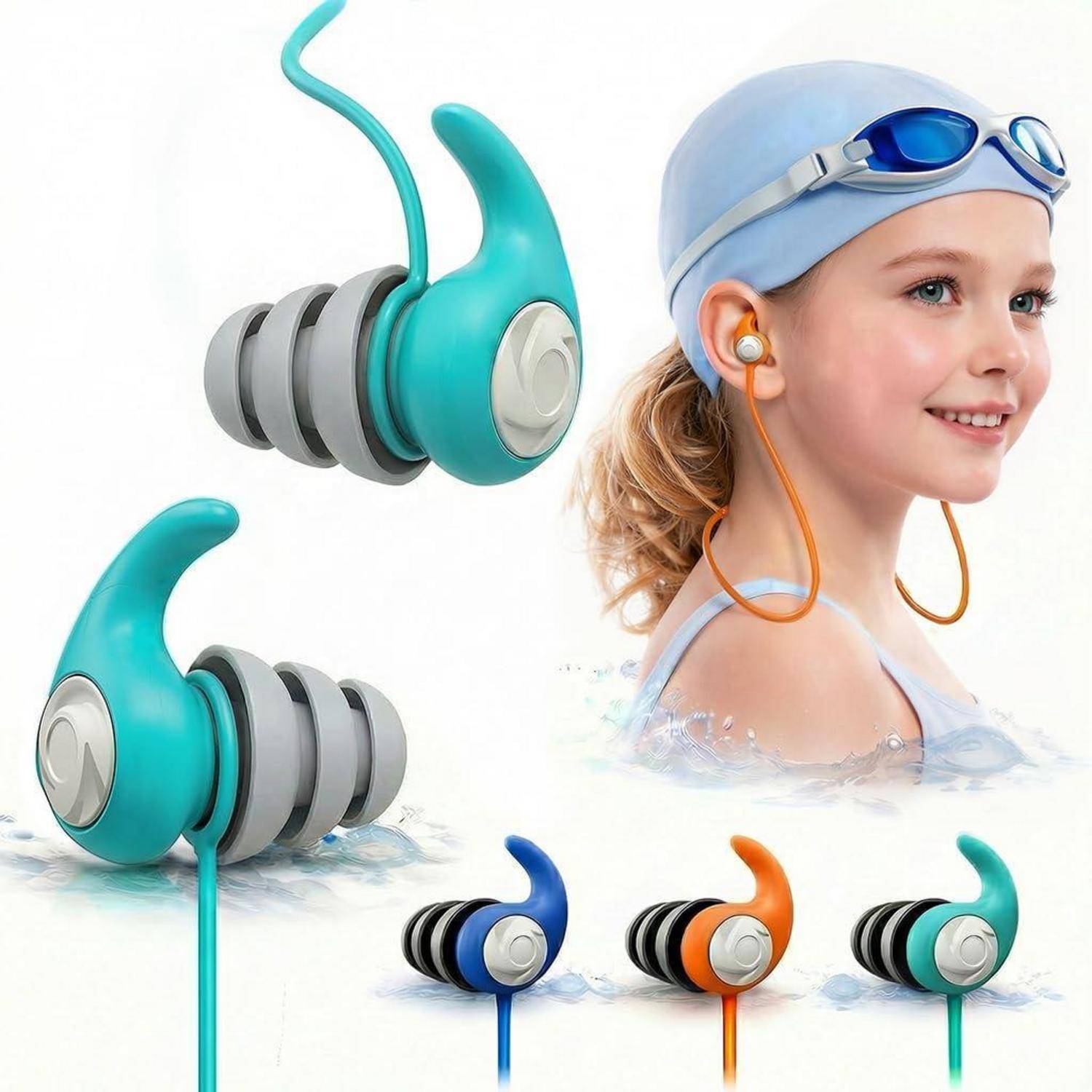 Kind-Schwimmer mit blauer Kappe und Schutzbrille mit orangefarbenen Kopfhörern, dargestellt mit mehreren bunten In-Ear-Kopfhörer-Designs auf weißem Hintergrund.