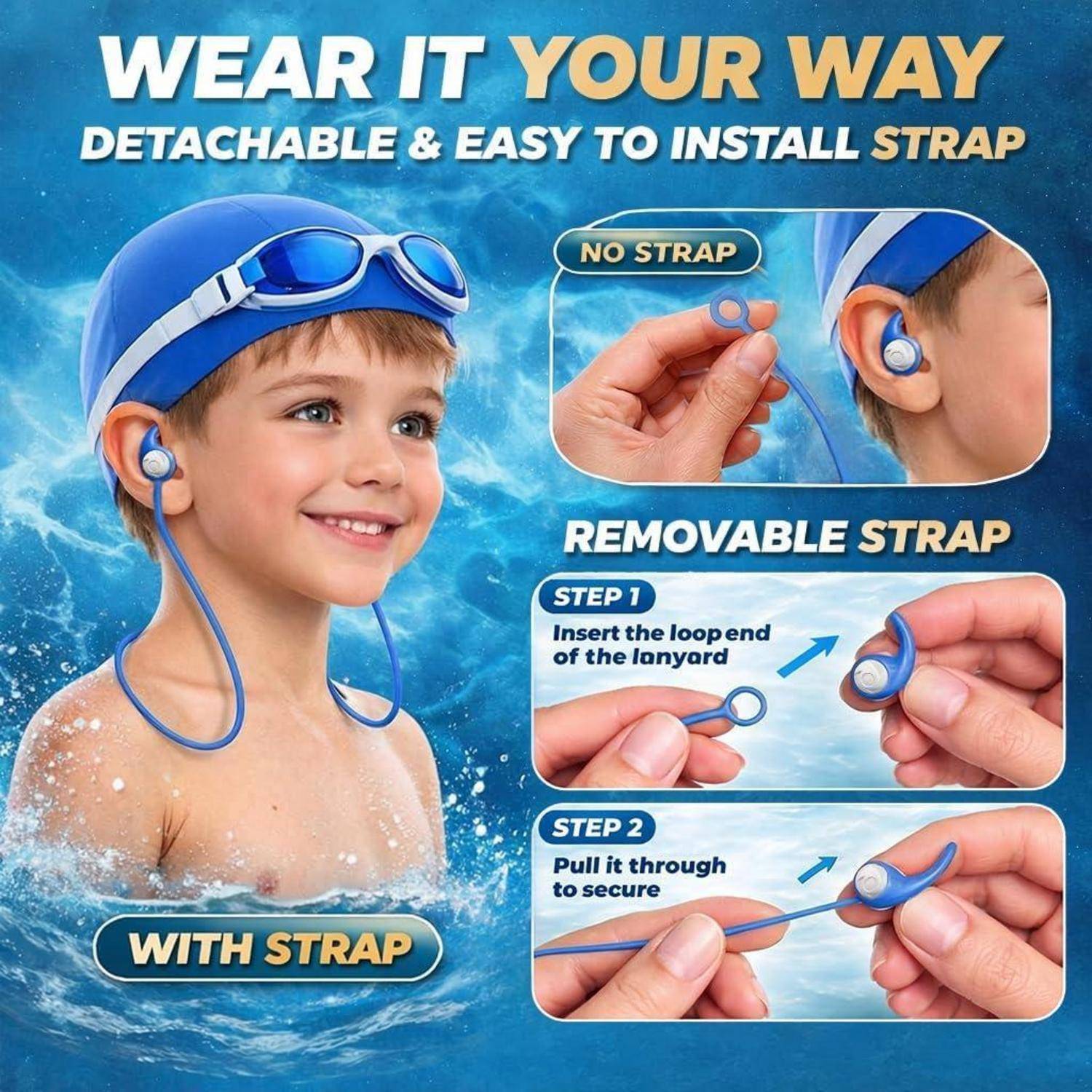 Infografik zeigt ein Kind, das blaue Schwimmbrillen mit abnehmbaren ohrhörerstil-Riemen trägt, und vergleicht 