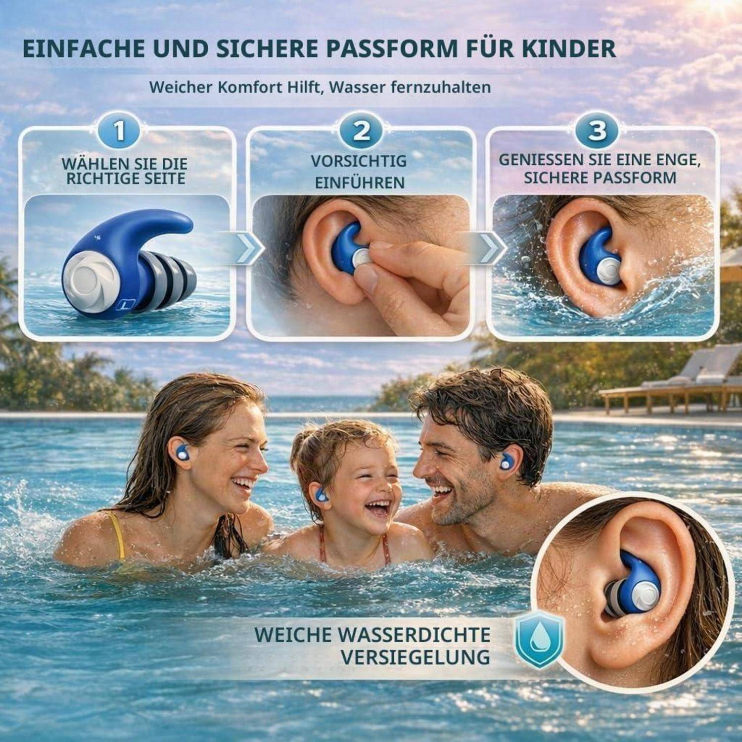 Infografik, die einen Schwimm-Ohrstöpsel für Kinder zeigt: wählen Sie die richtige Seite, führen Sie ihn sanft ein, und erhalten Sie einen snug wasserdichten Sitz für Kinder im Wasser.