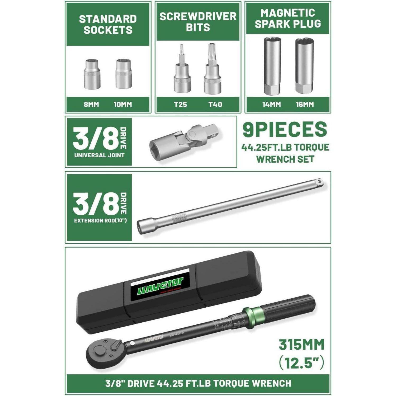9-teiliger Drehmomentschlüssel-Satz mit 3/8-Zoll-Antrieb, Stecknüssen, Schraubendreher-Bits, magnetischen Zündkerzenstecknüssen, Universalgelenk und Verlängerungsstab; Schlüssellänge 315 mm.