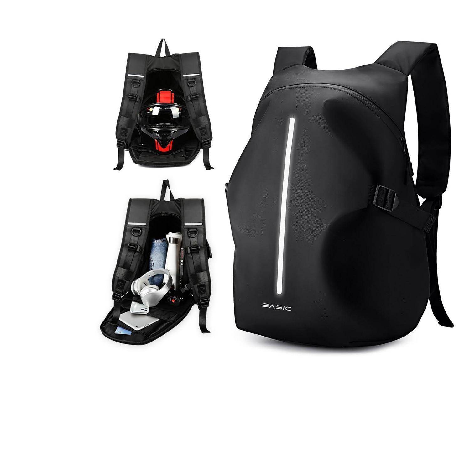 Schwarzer Diebstahlschutz-Rucksack mit reflektierendem Streifen und Ansichten des verborgenen Fachs mit organisiertem Stauraum für einen Helm und Reisegegenstände.