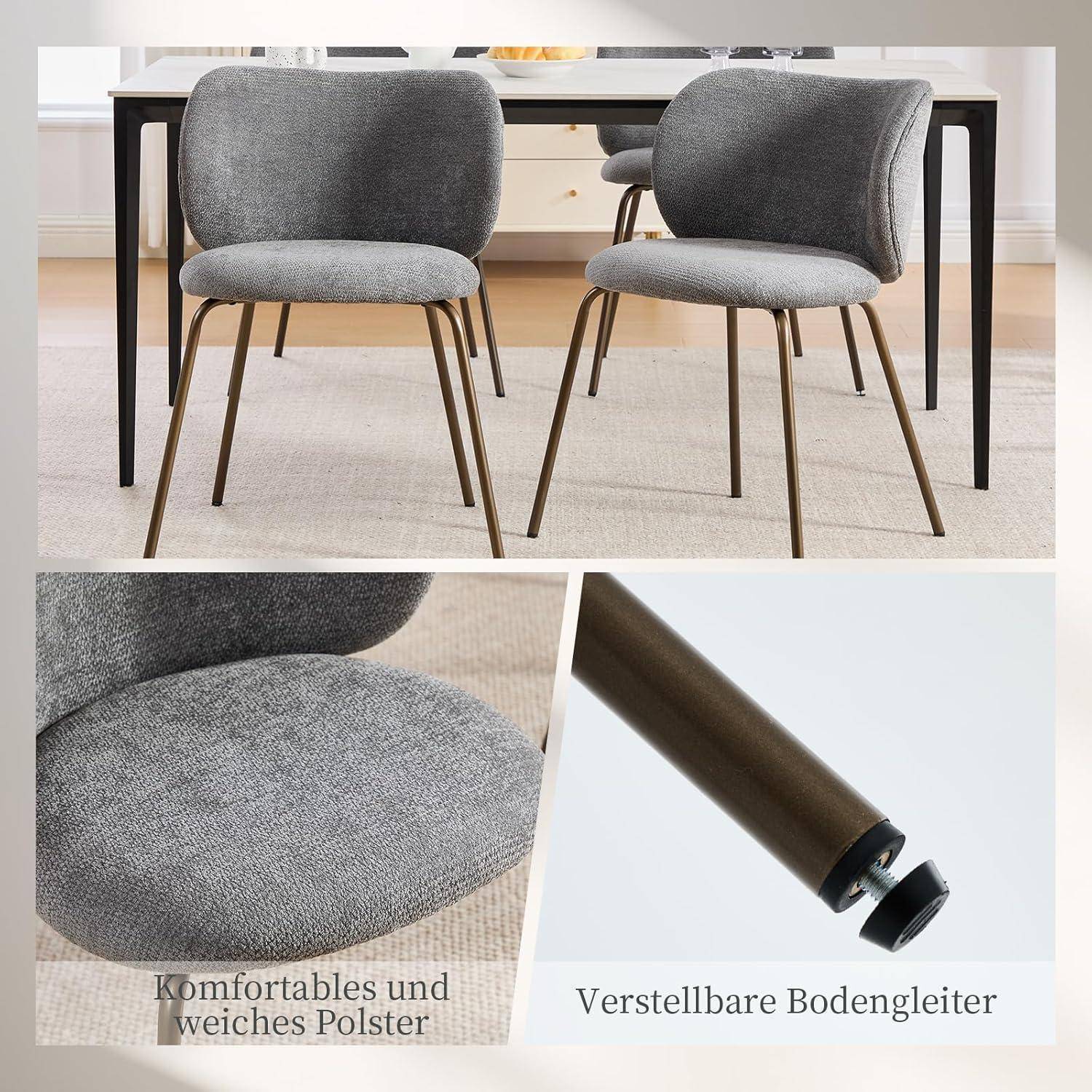 Produktcollage aus zwei grau gepolsterten Esszimmerstühlen mit dunklen Metallbeinen, plus Nahaufnahmen, die die weiche Polsterung und verstellbaren Bodengleiter hervorheben; deutscher Text lautet „Komfortables und weiches Polster