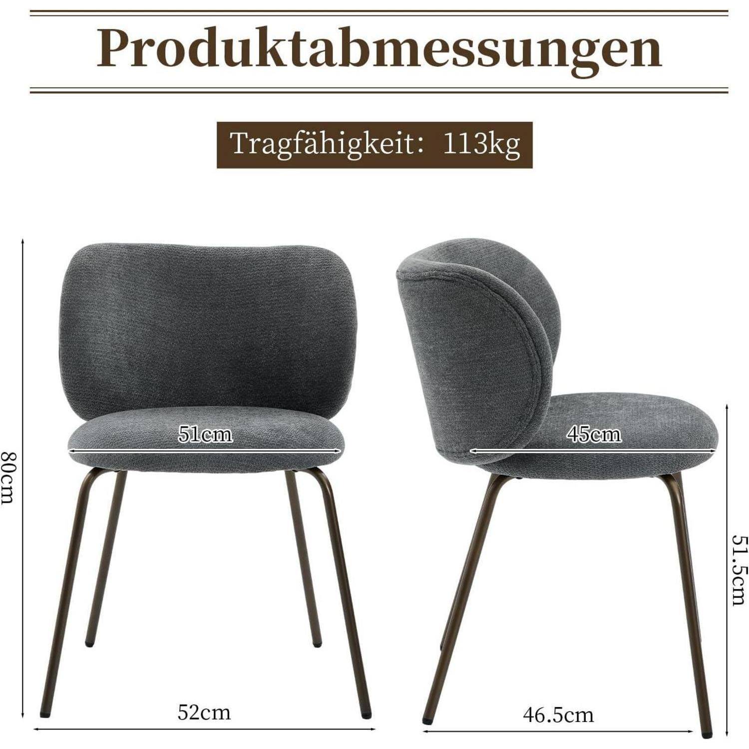Produktabmessungsdiagramm eines grauen Stuhls mit Tragfähigkeit 113 kg und Maßen: 80 cm hoch, 52 cm breit, 51 cm Sitzbreite, 45 cm Sitztiefe, 46,5 cm Basisbrei.