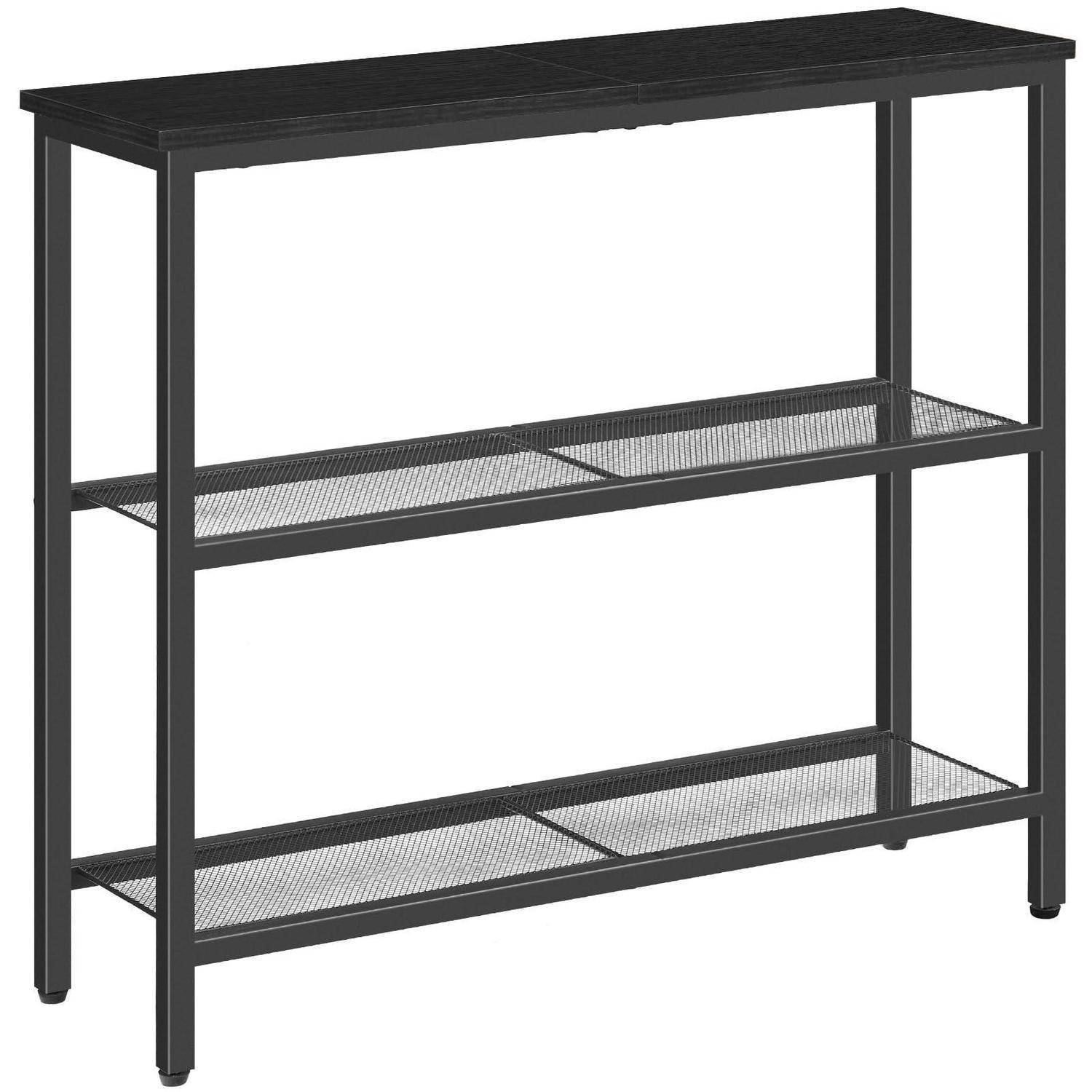 Schwarze Metall-Konsolentisch mit drei Regalen und Mesh-Unterkonstruktionen, auf weißem Hintergrund dargestellt.