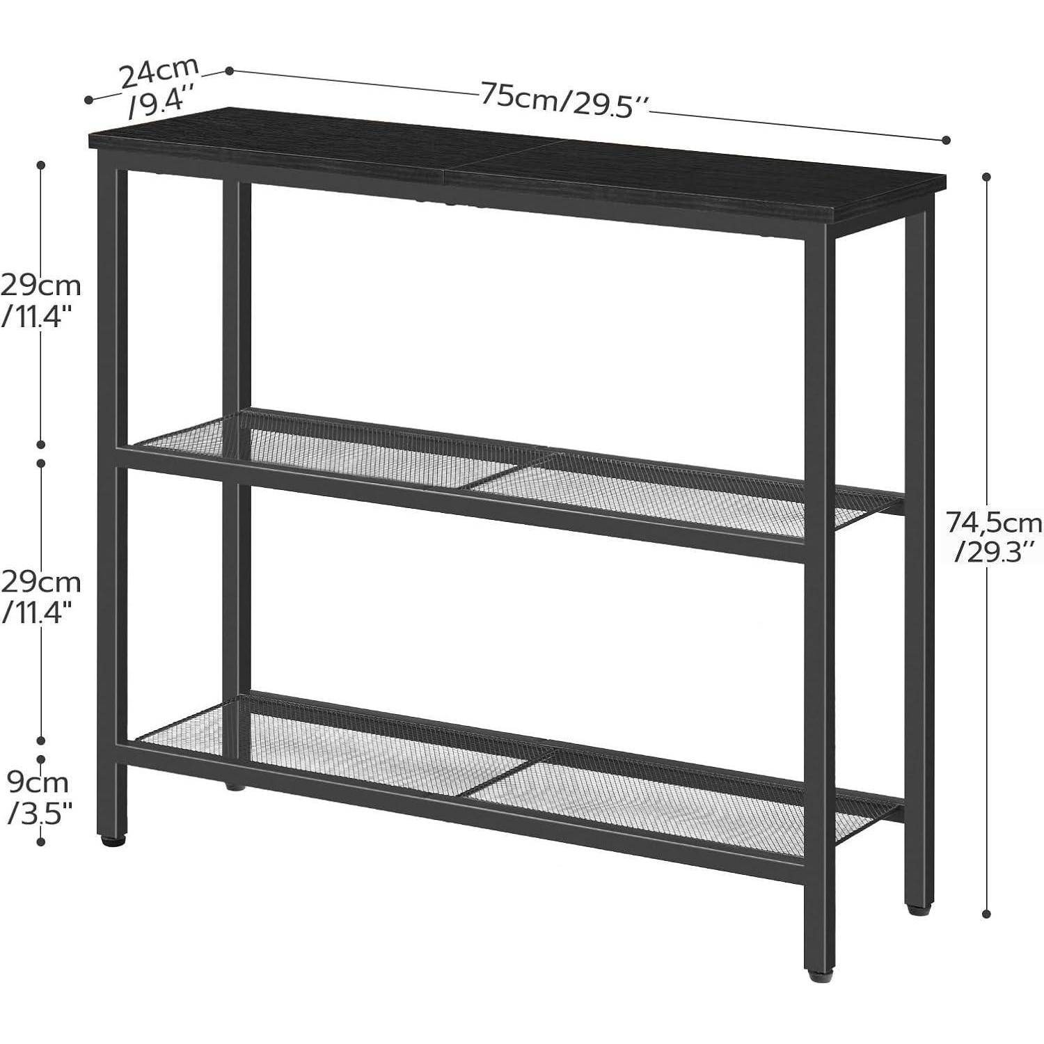 Schwarze Metall-Konsole mit drei Regalen und Mesh-Ablageflächne, dargestellt mit folgenden Abmessungen: 75 cm breit, 24 cm tief, 74,5 cm hoch.
