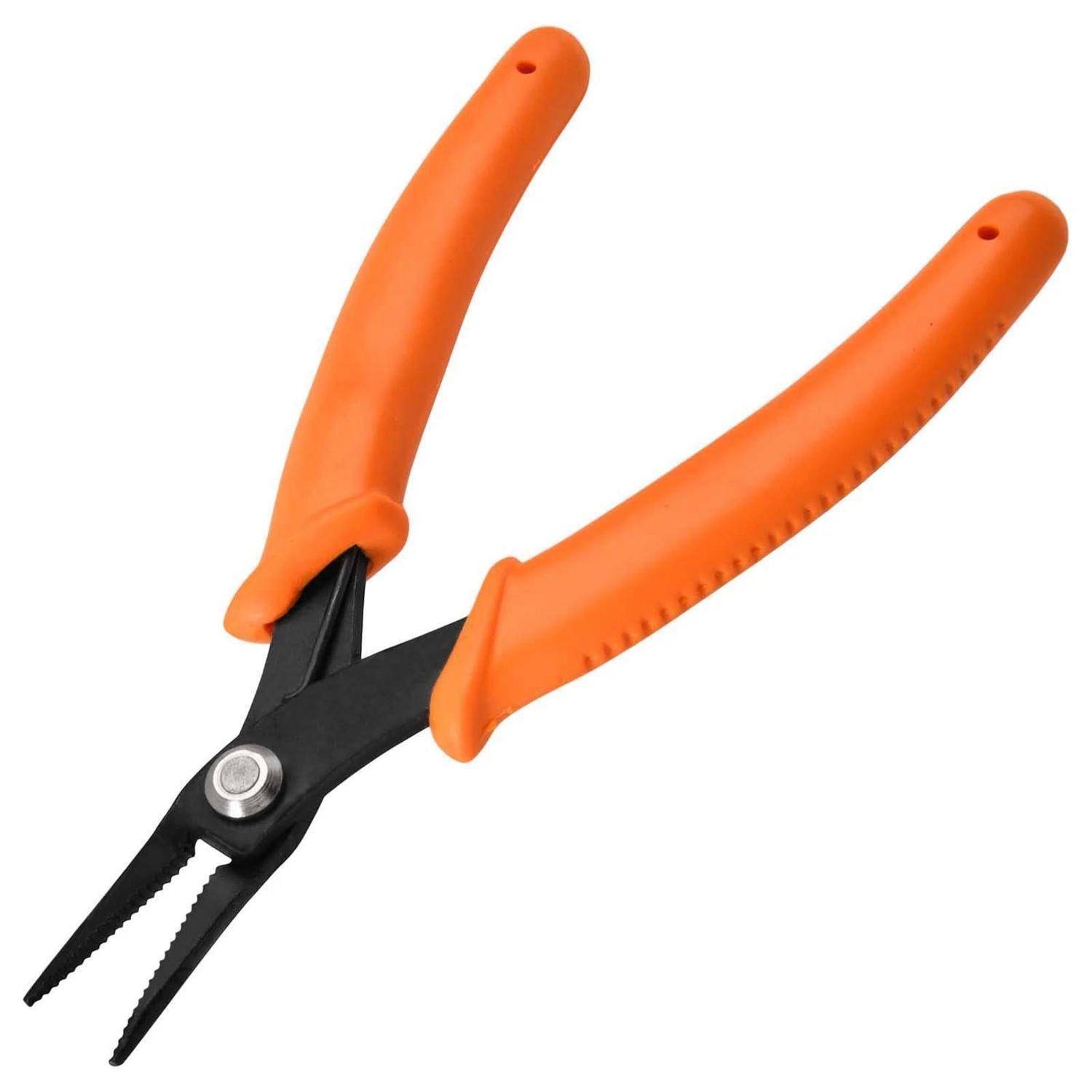 Orange-farbige Spitzenzange mit schwarzen Backen, auf weißem Hintergrund dargestellt.