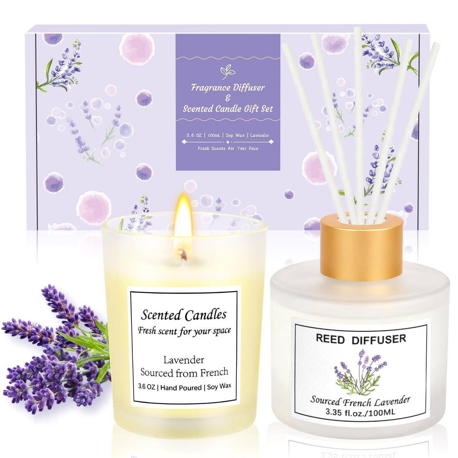 Lavendelduftkerze und Raumdiffuser-Geschenkset mit passender Schachtel, gezeigt mit violettem Blumendesign und Etiketten für „Duftkerzen