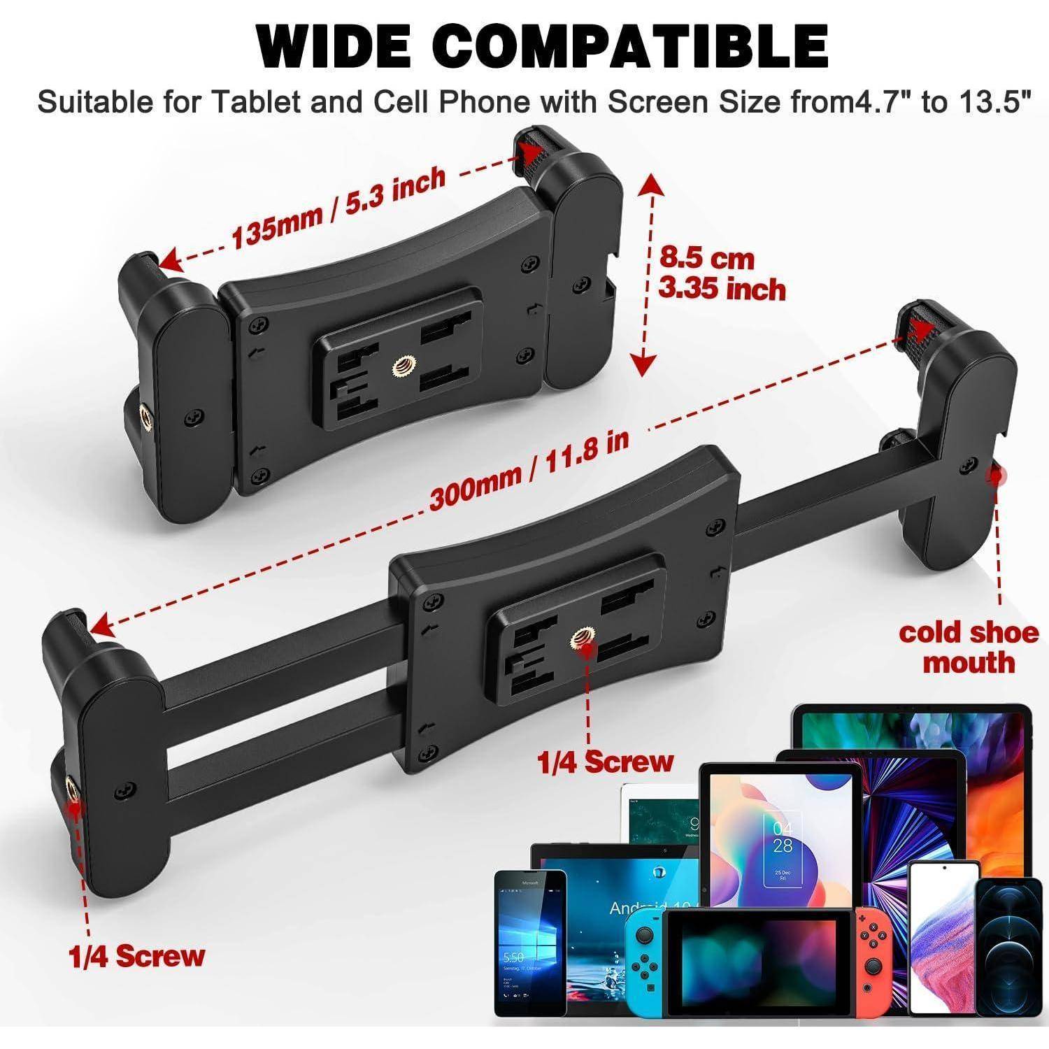 Universell kompatible Tablet- und Telefonhalterung mit verstellbaren Klemmamen für Geräte von 4,7 bis 13,5 Zoll; zeigt 135 mm, 300 mm, 8,5 cm, 1/4-Zoll-Gewinde und Blitzschuh-Halterung.