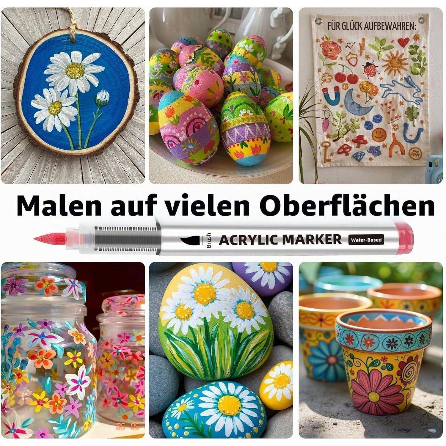 Collage zeigt einen Acrylmarker, der zum Bemalen von bunten Blumen und Mustern auf Holz, Eiern, Stoff, Gläsern, Steinen und Töpfen verwendet wird; Text sagt „Malen auf vielen Oberflächen