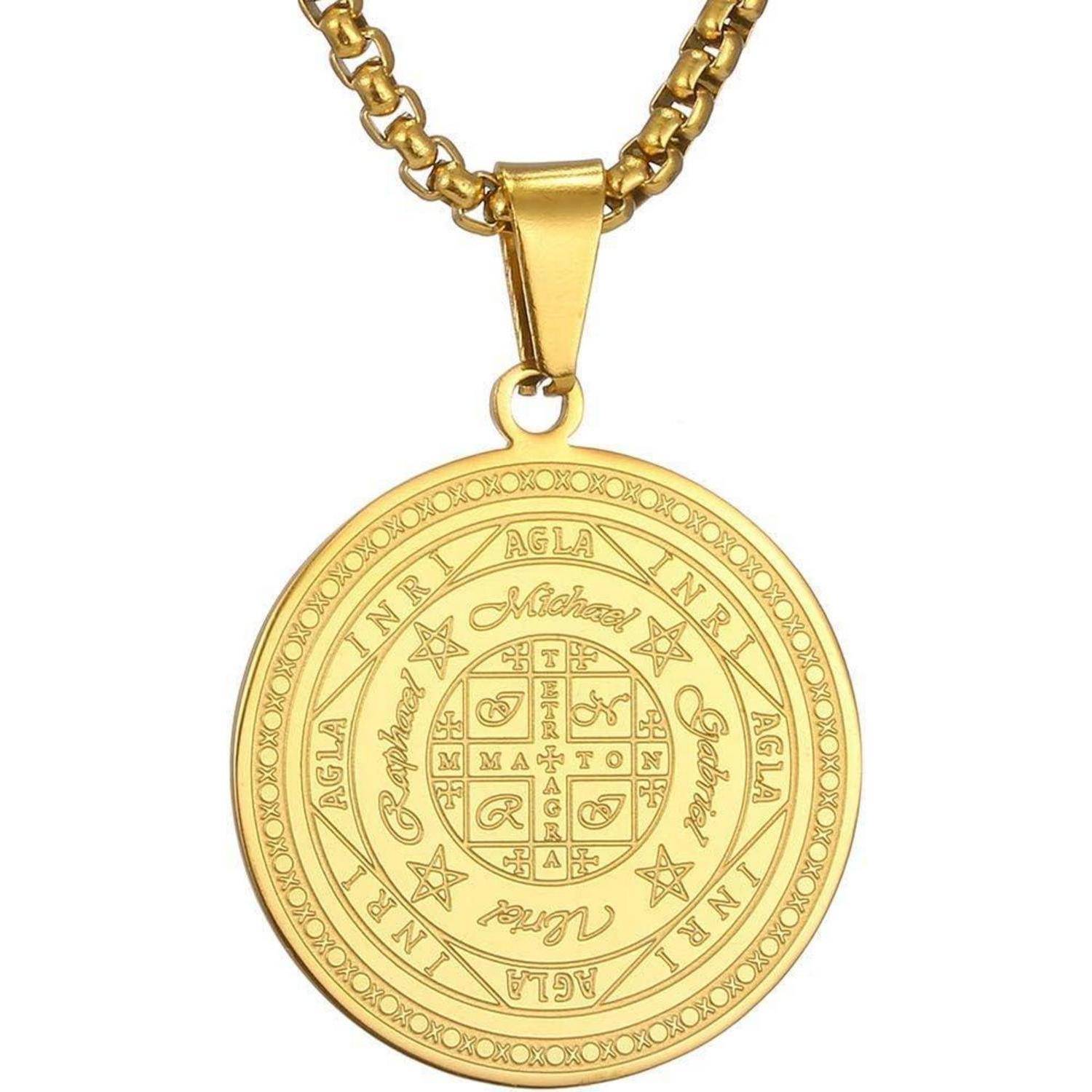 AFSTALR Halskette Herren 7 Erzengel Siegel Medaille Talisman Siegel der Sieben Erzengel Amulett Ketten Anhänger Edelstahl Solomon Schmuck für Herren