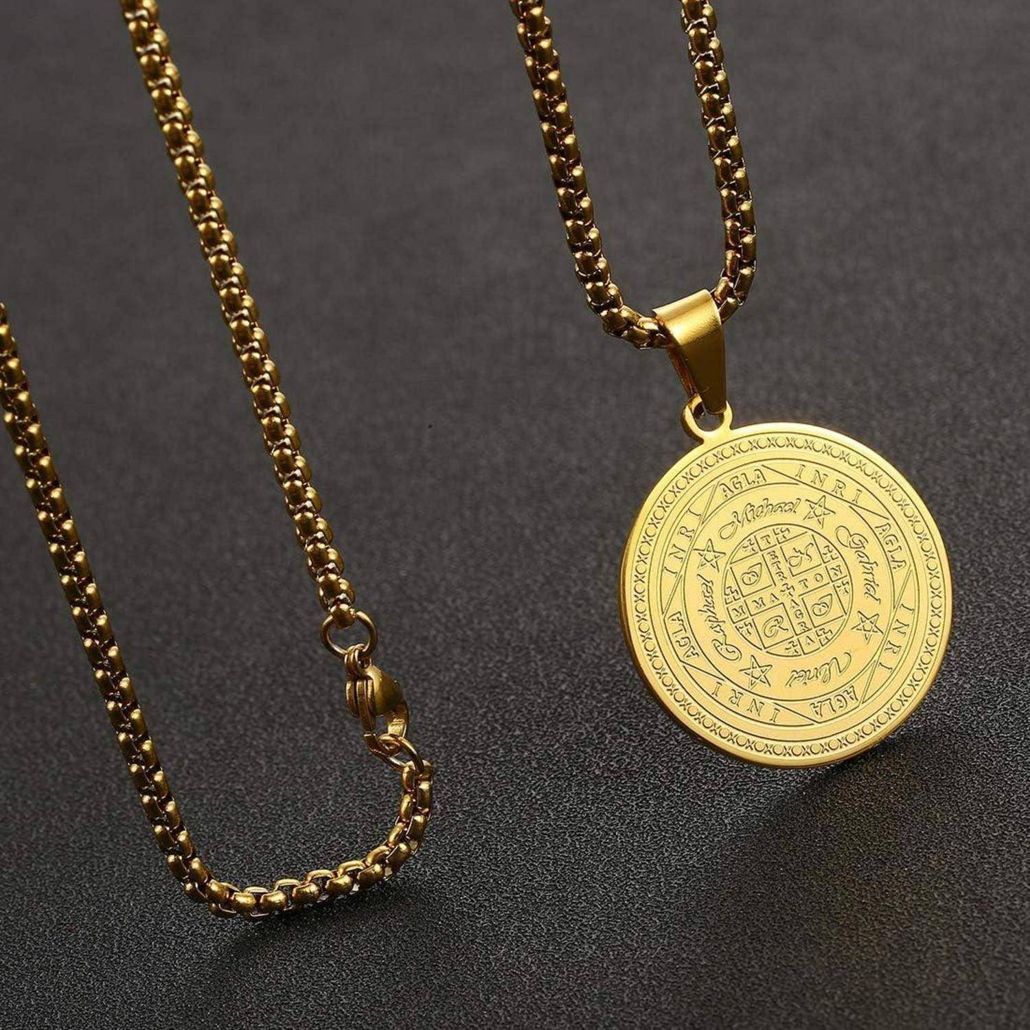AFSTALR Halskette Herren 7 Erzengel Siegel Medaille Talisman Siegel der Sieben Erzengel Amulett Ketten Anhänger Edelstahl Solomon Schmuck für Herren