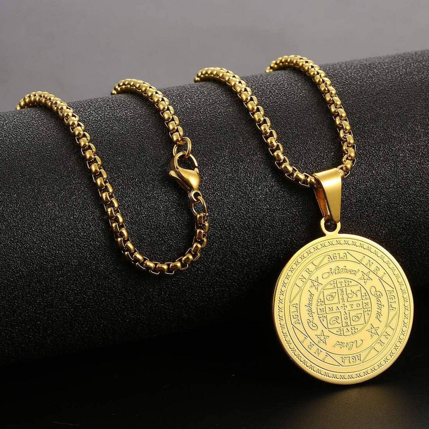 AFSTALR Halskette Herren 7 Erzengel Siegel Medaille Talisman Siegel der Sieben Erzengel Amulett Ketten Anhänger Edelstahl Solomon Schmuck für Herren