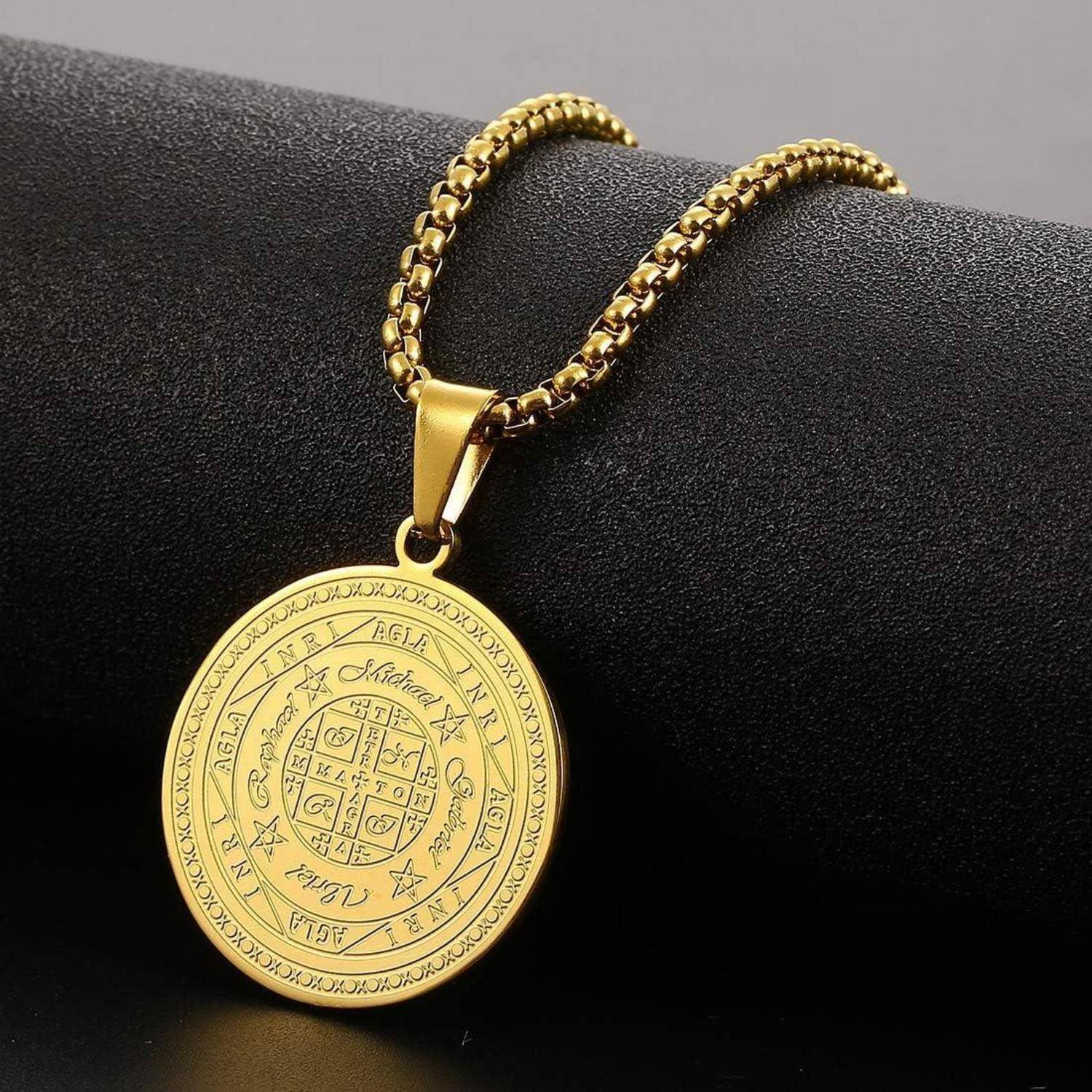 AFSTALR Halskette Herren 7 Erzengel Siegel Medaille Talisman Siegel der Sieben Erzengel Amulett Ketten Anhänger Edelstahl Solomon Schmuck für Herren